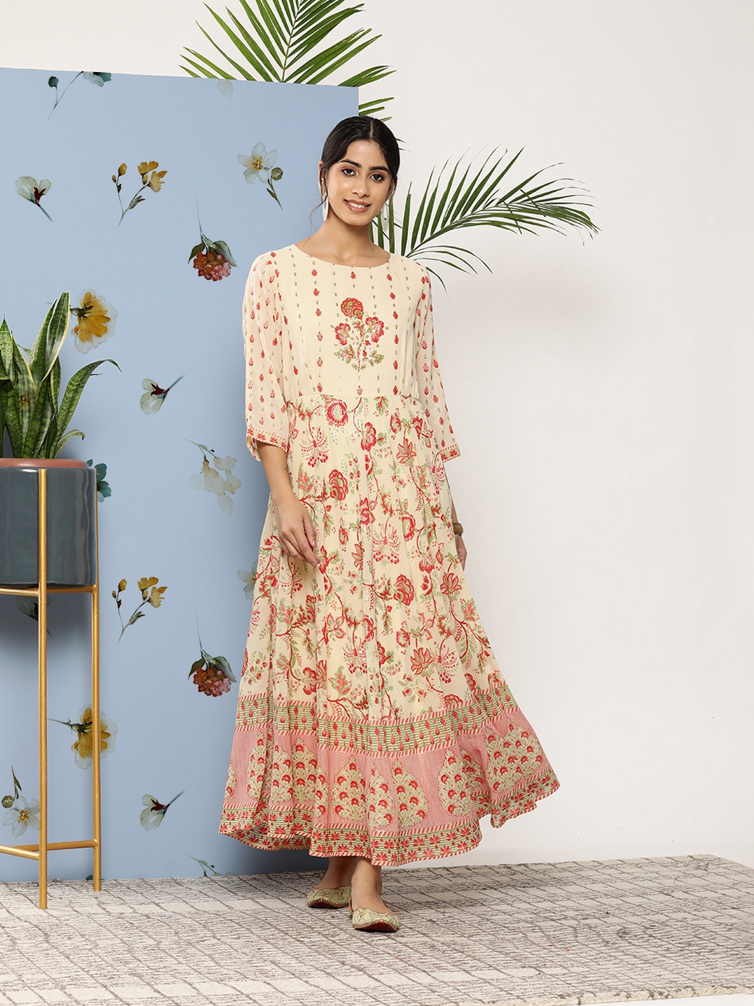 

Juniper Women Ethnic Motifs Printed Tiered Fit & Flare Maxi Dress, Off white