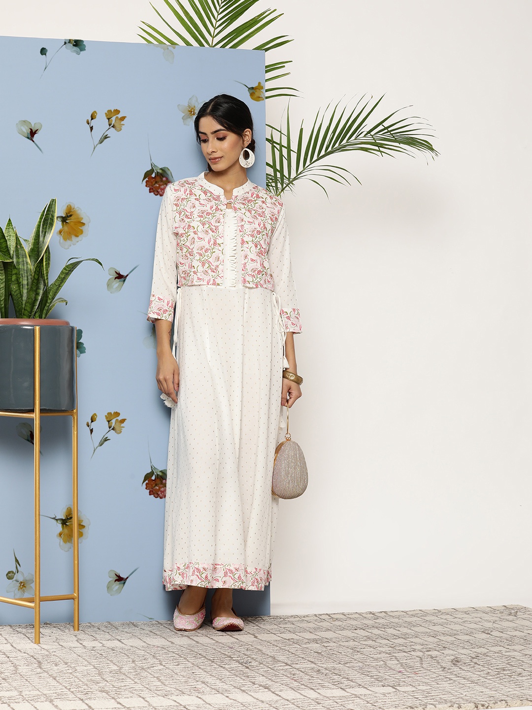 

Juniper Women Ethnic Motifs Printed Sequined Fit & Flare Maxi Dress, Off white
