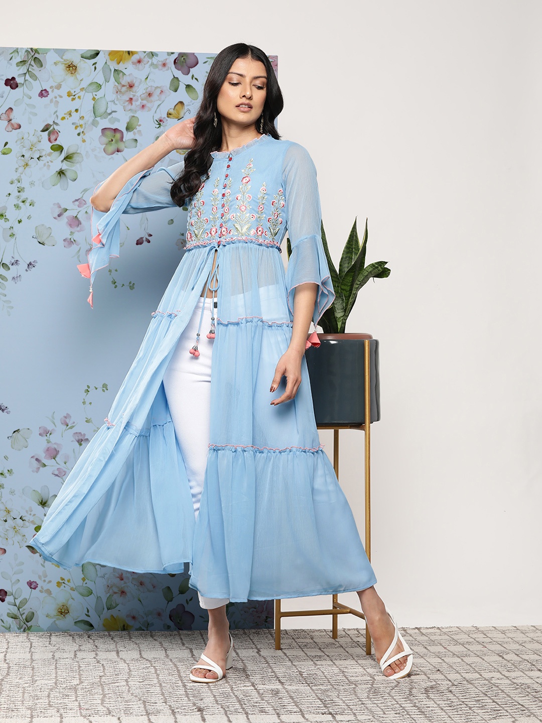 

Juniper Floral Embroidered Tiered Front Slit A-Line Kurta with Tie-Up Detail, Blue