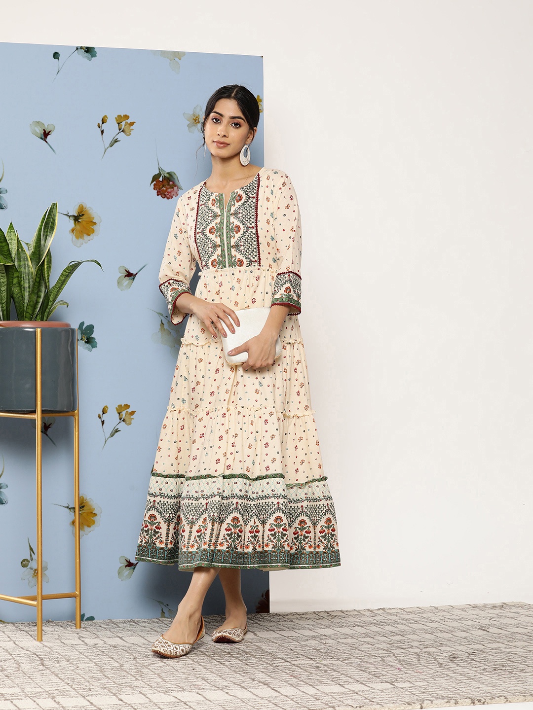 

Juniper Women Ethnic Motifs Printed Tiered Fit & Flare Maxi Dress, Off white
