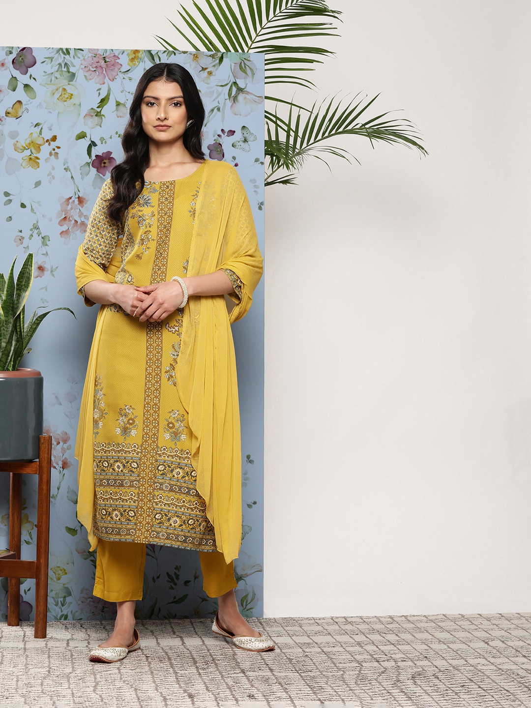 

Juniper Floral Printed Pure Cotton Kurta with Trousers & Dupatta, Mustard