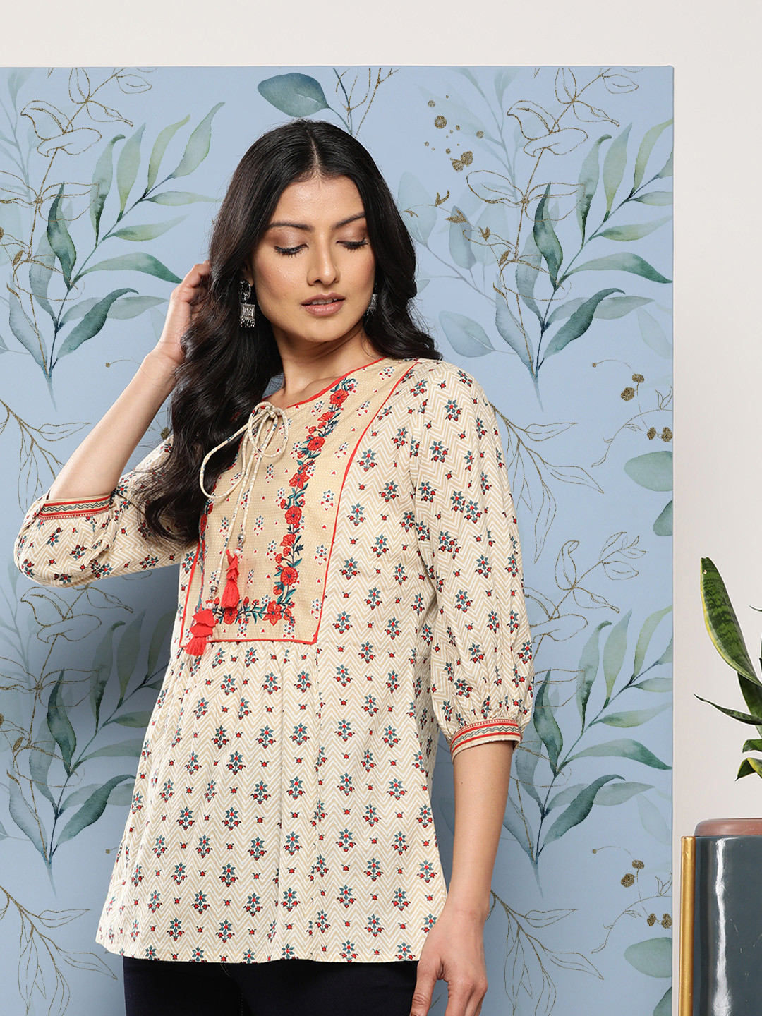 

Juniper Floral Printed Tie-Up Neck Tunic, Beige