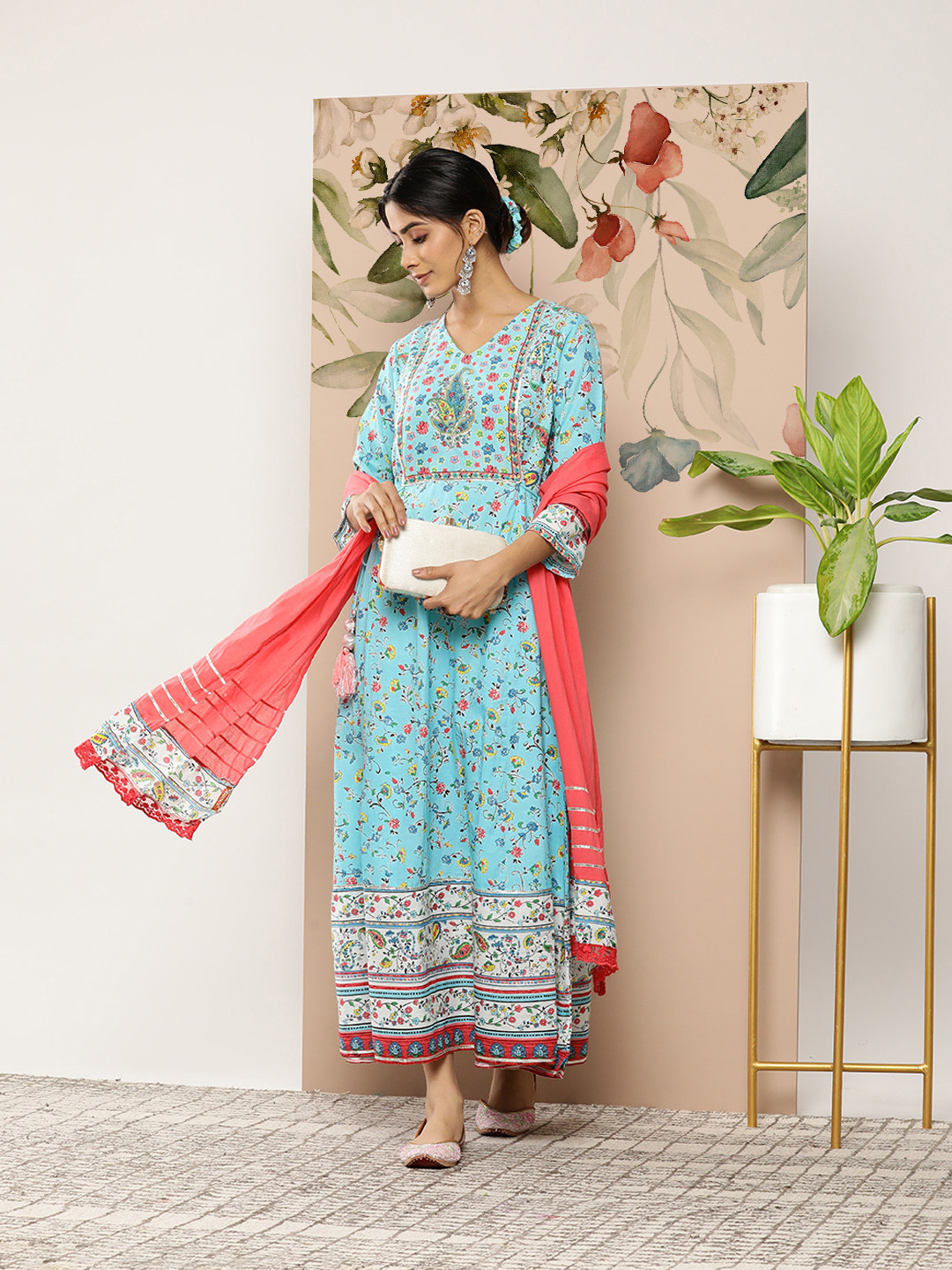 

Juniper Women Blue Printed Anarkali Dress with Dupatta