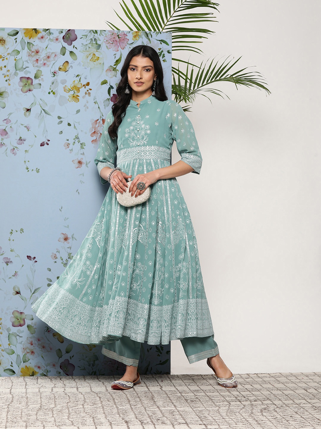 

Juniper Floral Printed Empire Style Anakali Kurta with Palazzos, Blue