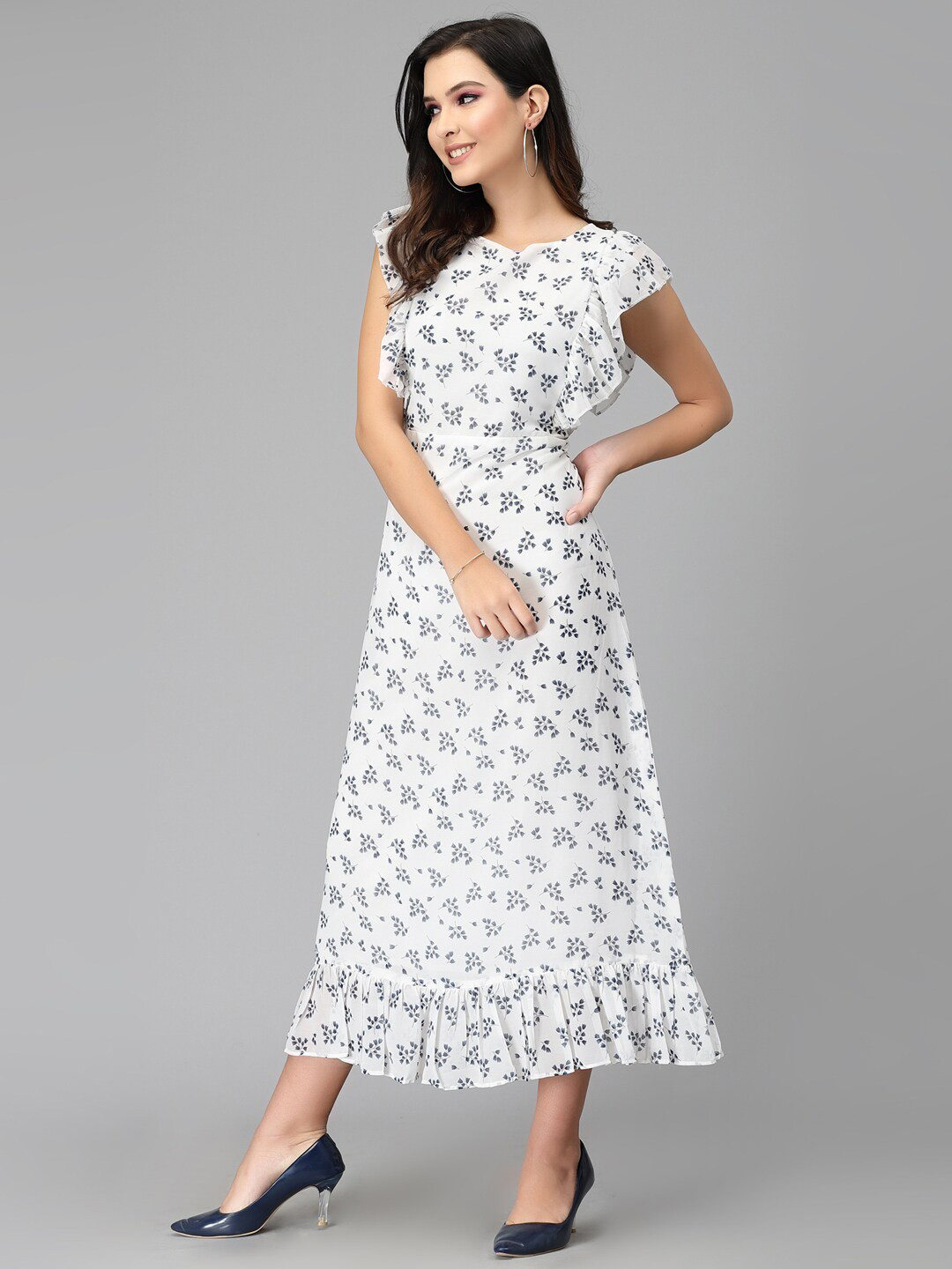 

Selvia White Floral Georgette A-Line Dress