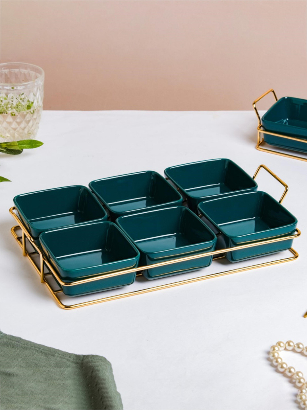 

Nestasia Pine Green 7 Pcs Ceramic Glossy Bowls With Tray 200 ml