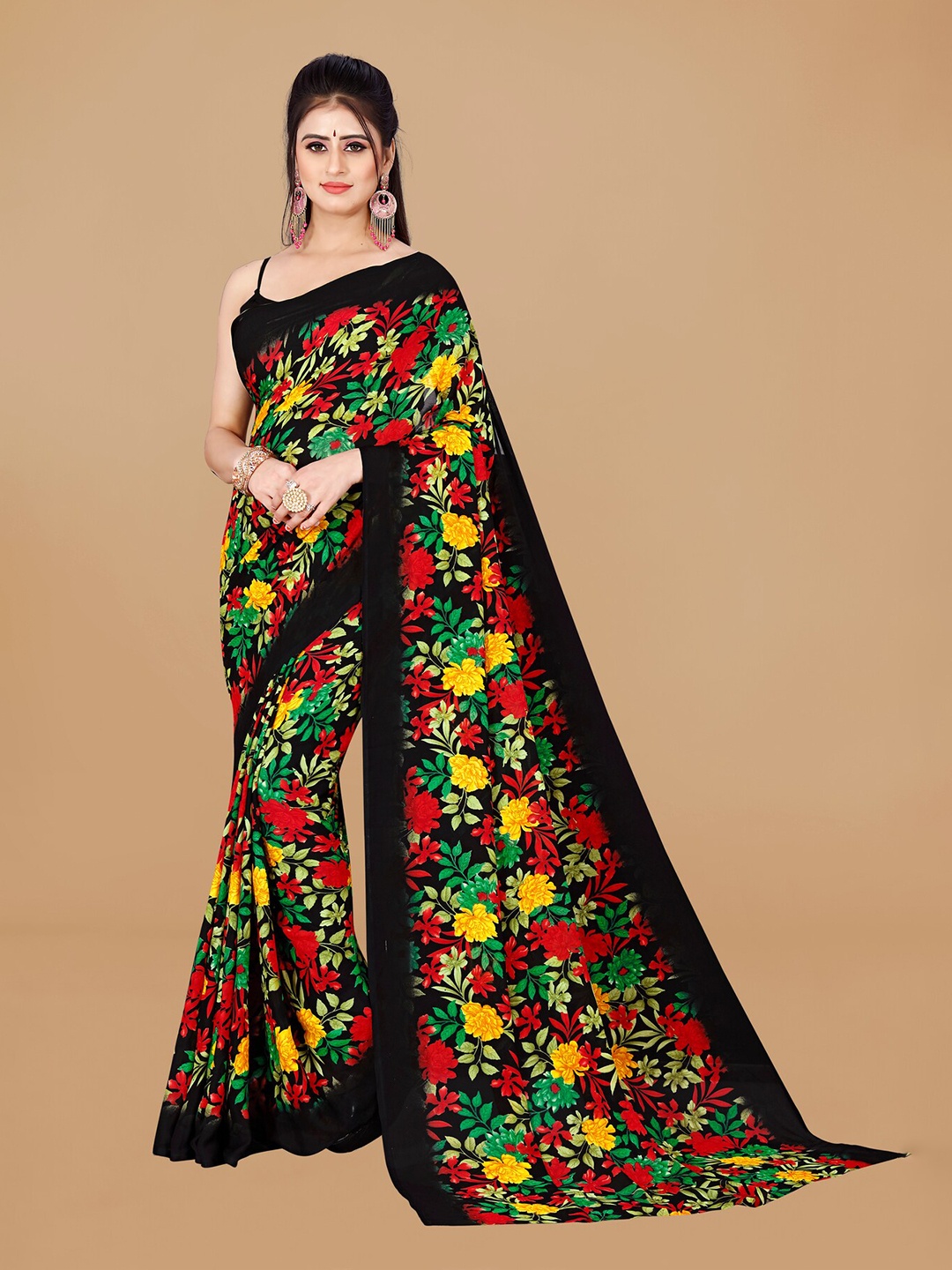 

KALINI Floral Pure Georgette Saree, Black