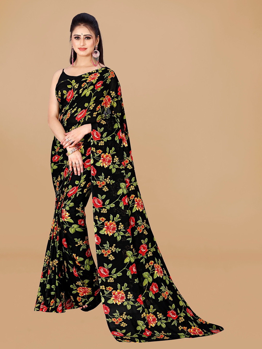 

KALINI Floral Pure Georgette Saree, Black