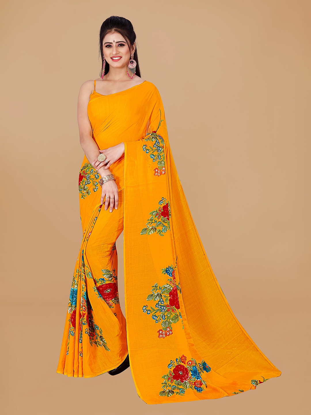 

KALINI Floral Pure Georgette Saree, Orange
