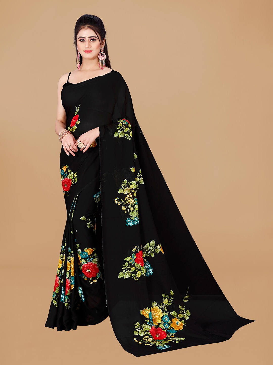 

ANAND SAREES Floral Printed Pure Georgette Saree, Black