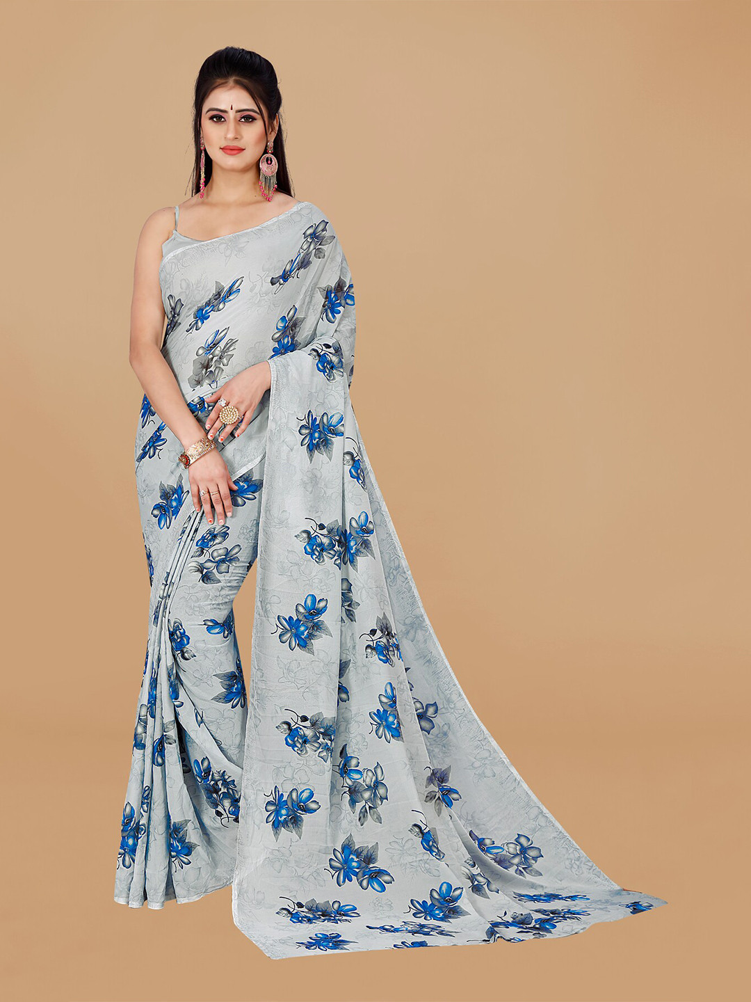 

ANAND SAREES Floral Printed Pure Georgette Saree, Grey