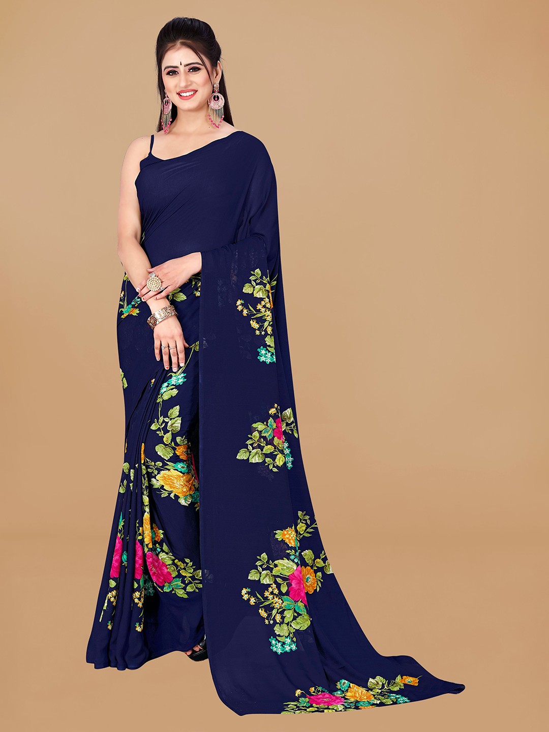 

KALINI Floral Pure Georgette Saree, Navy blue