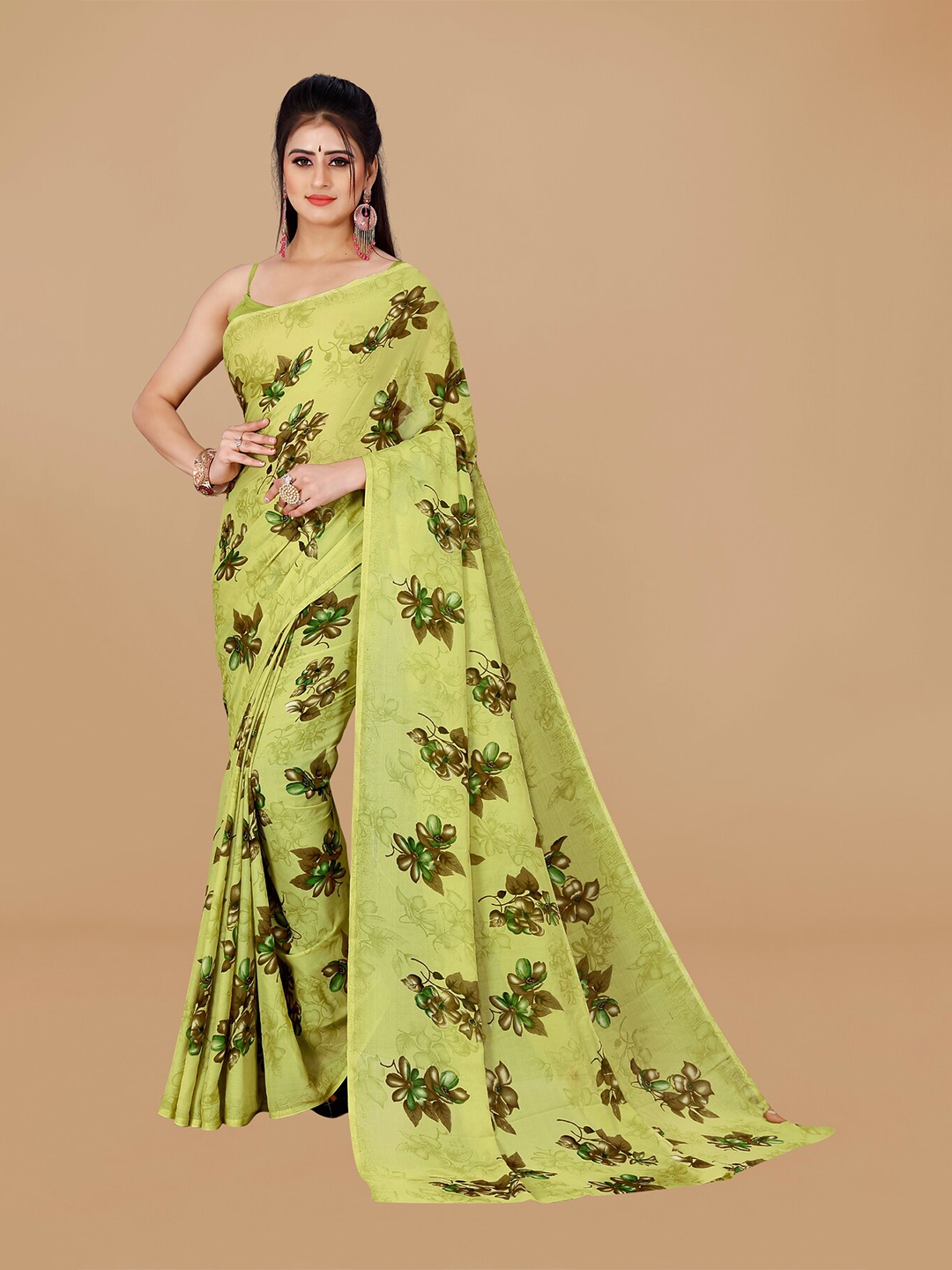 

ANAND SAREES Floral Pure Georgette Saree, Lime green