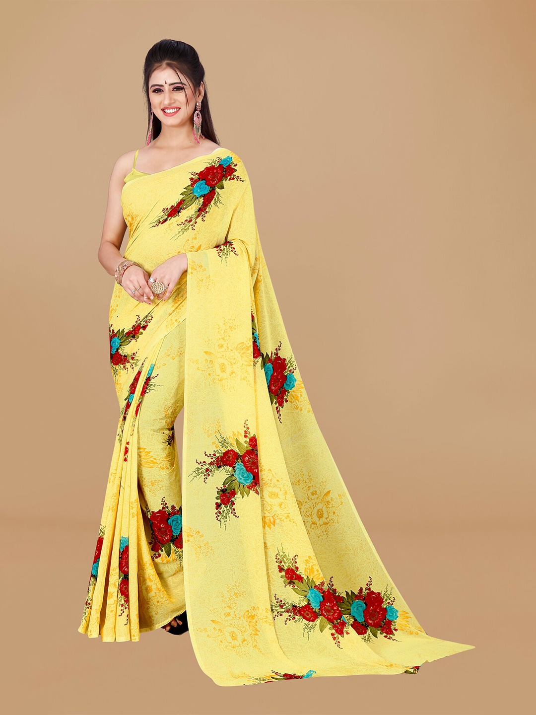 

ANAND SAREES Floral Pure Georgette Saree, Yellow