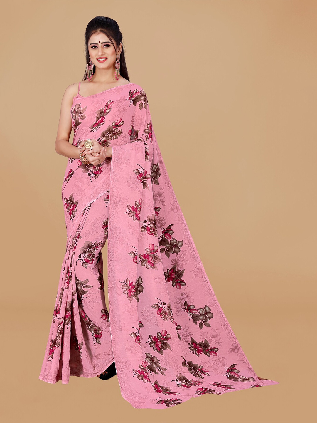 

KALINI Floral Printed Pure Georgette Saree, Pink