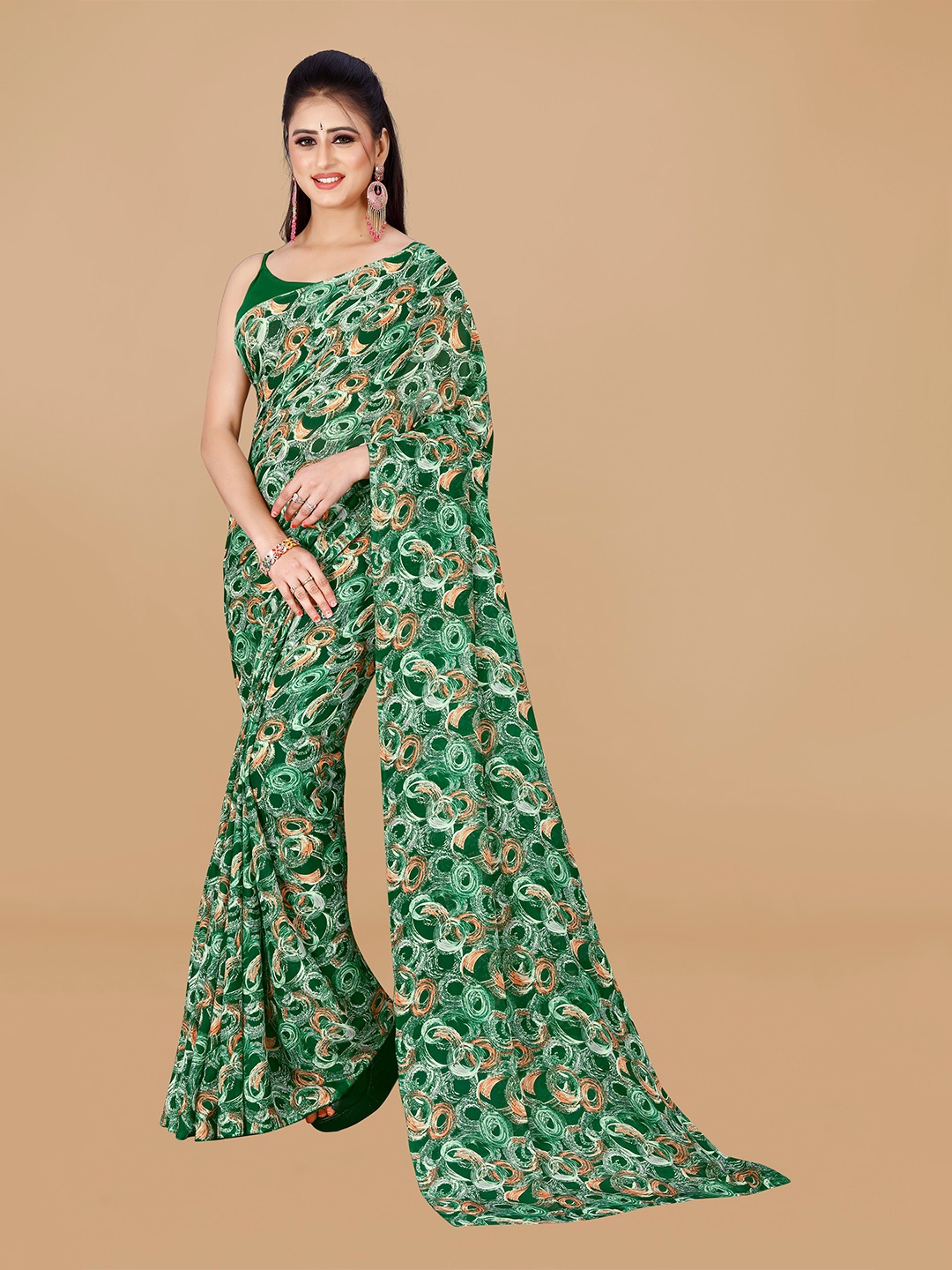 

KALINI Geometric Printed Pure Georgette Saree, Green