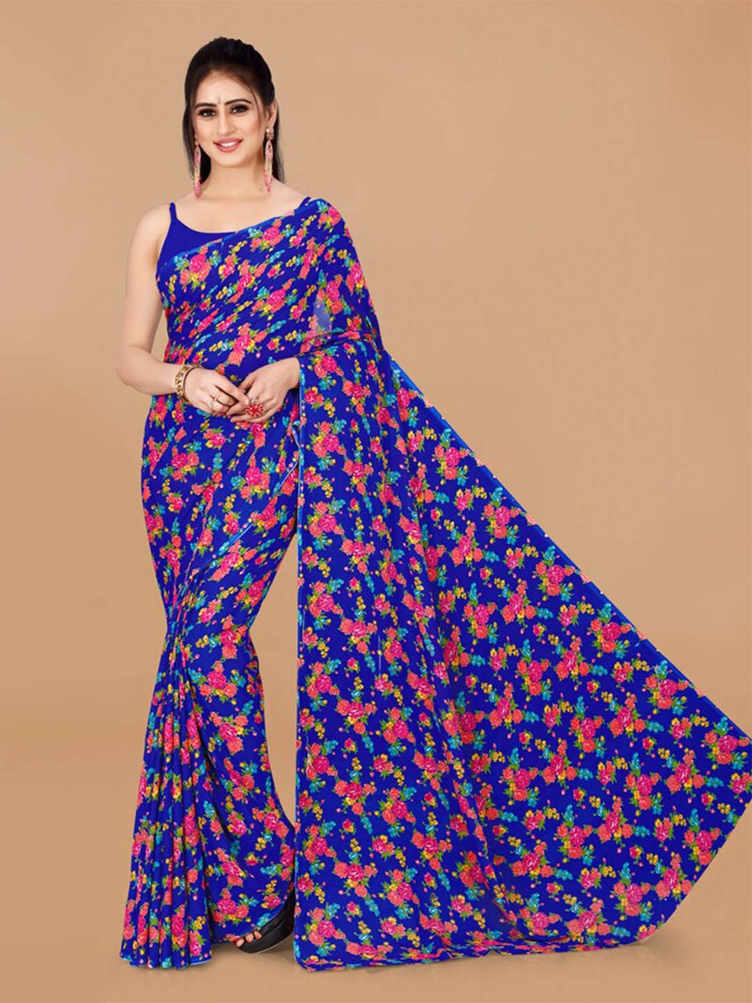 

KALINI Floral Printed Pure Georgette Saree, Navy blue