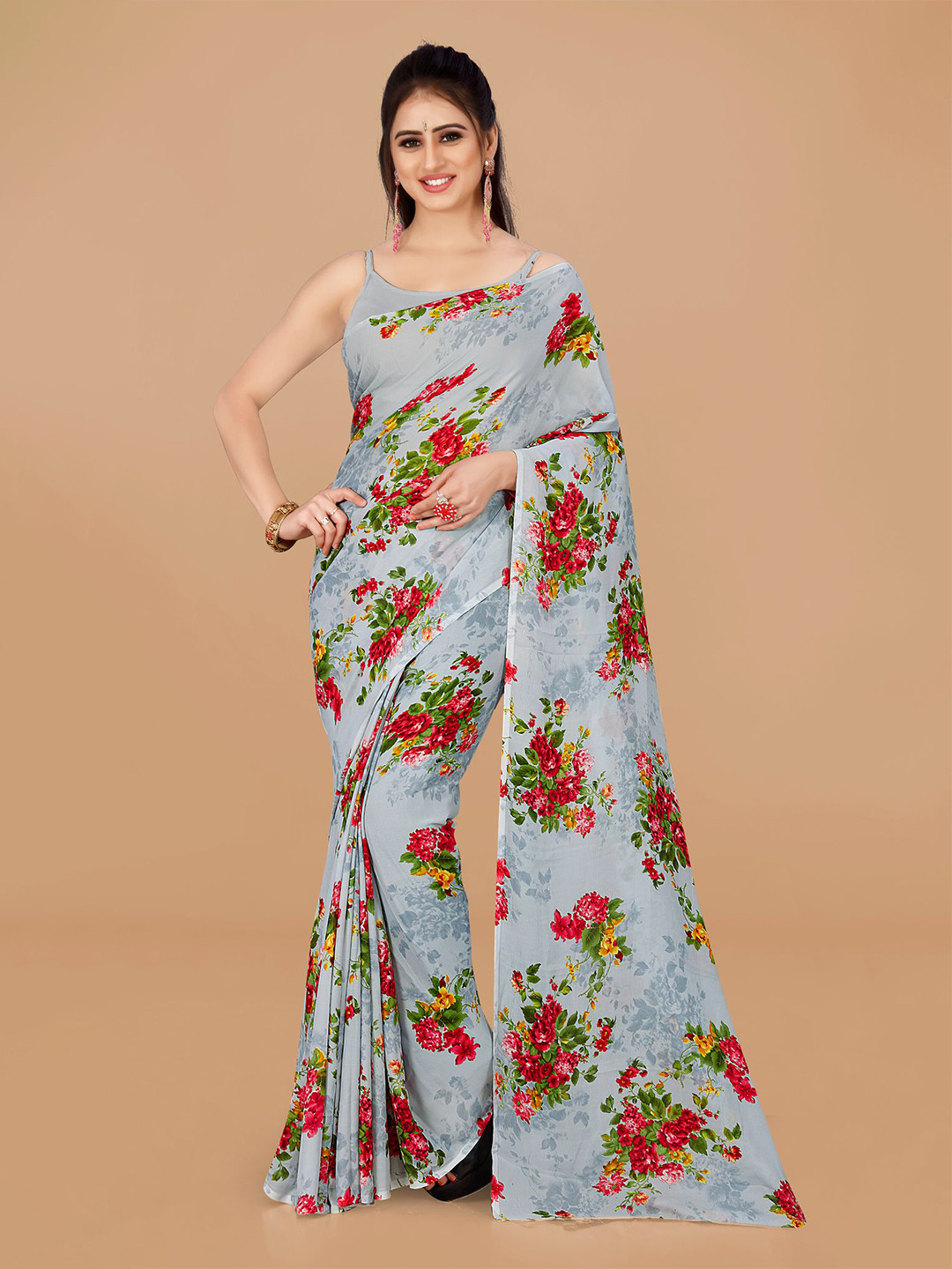 

ANAND SAREES Floral Printed Pure Georgette Saree, Grey