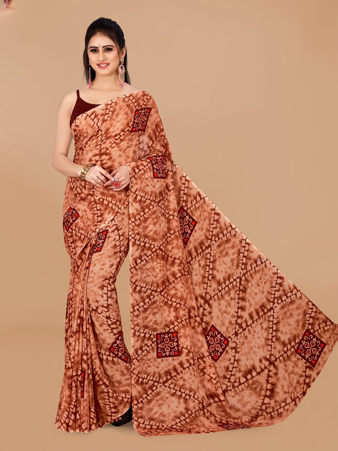 

ANAND SAREES Geometric Printed Pure Georgette Saree, Brown