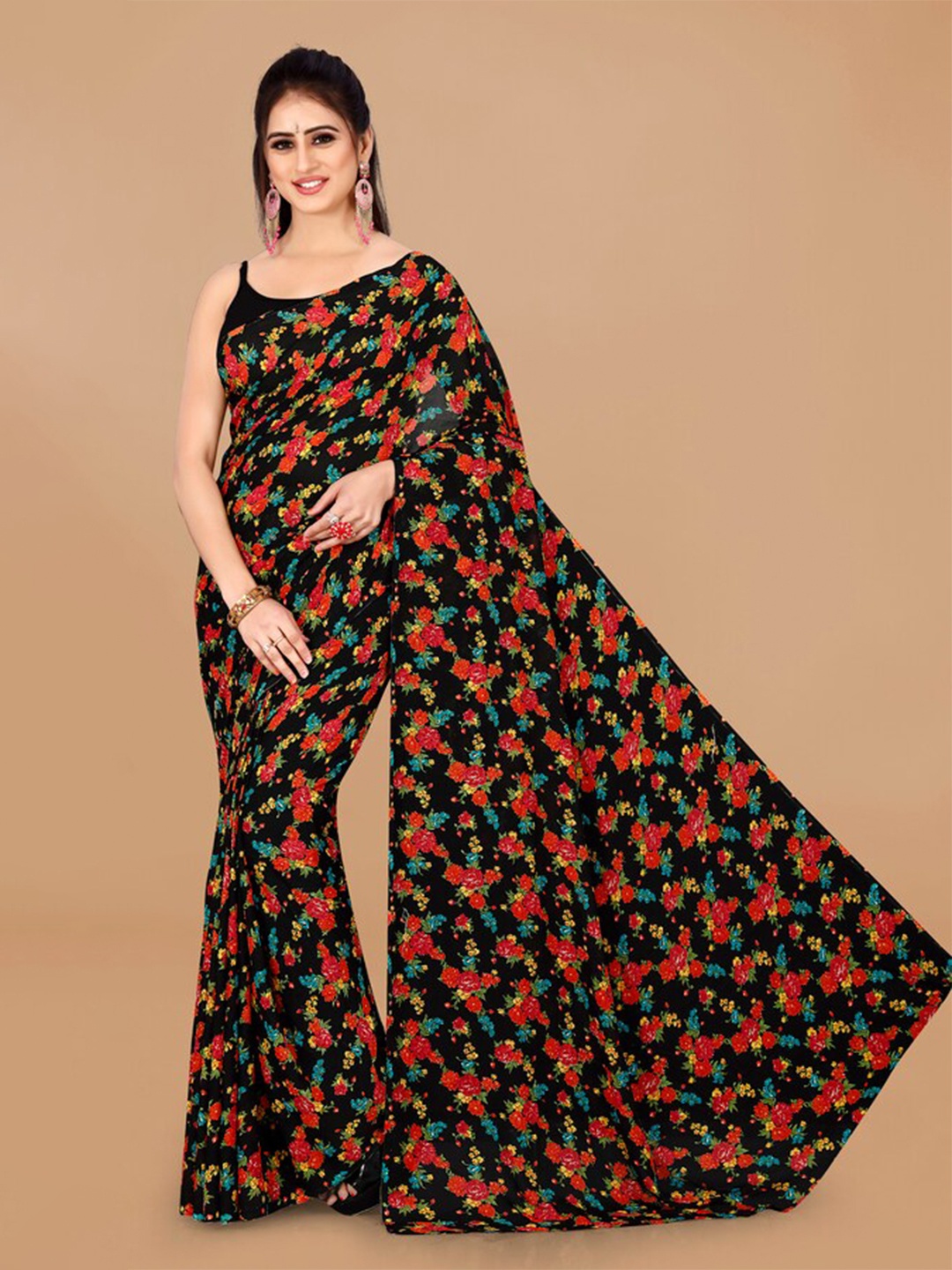 

KALINI Floral Pure Georgette Saree, Black