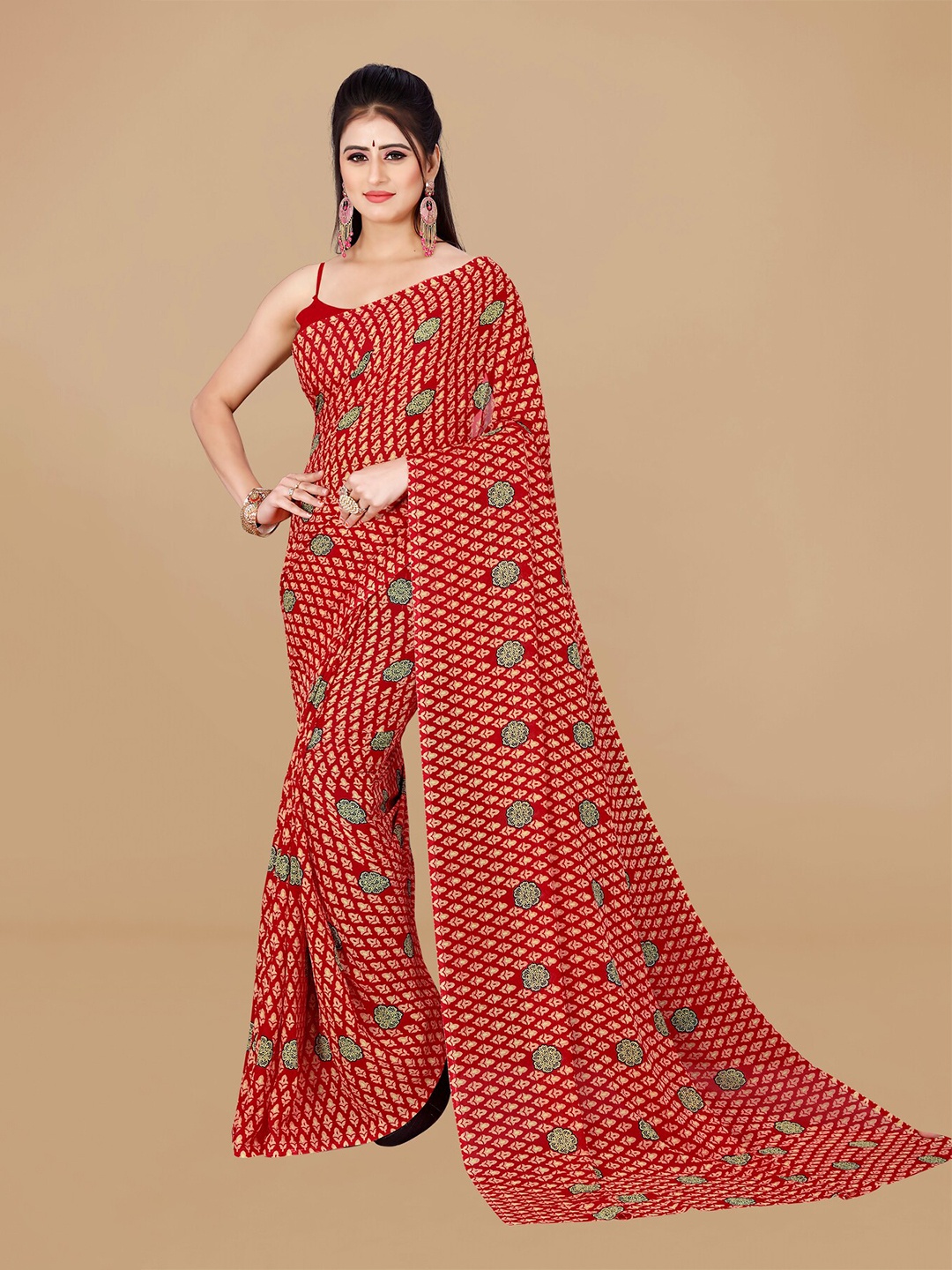 

ANAND SAREES Ethnic Motifs Printed Pure Georgette Saree, Red