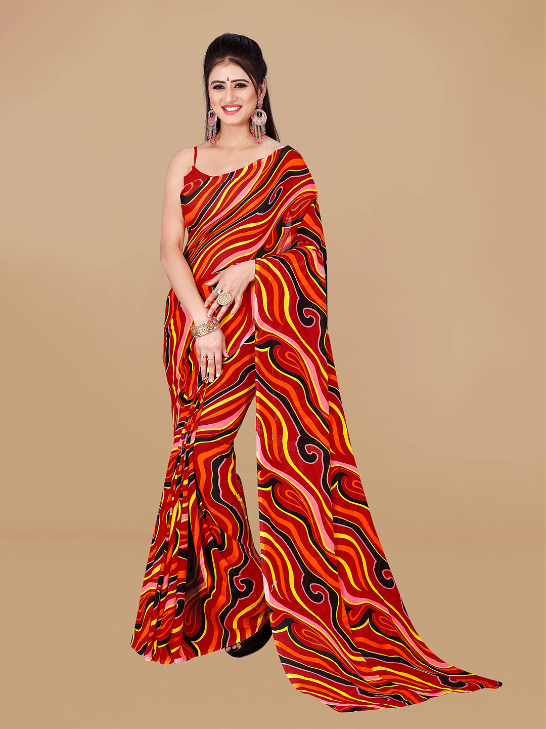 

ANAND SAREES Abstract Printed Pure Georgette Saree, Red