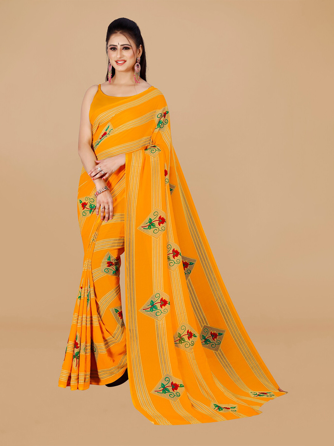 

ANAND SAREES Floral Printed Pure Georgette Saree, Yellow