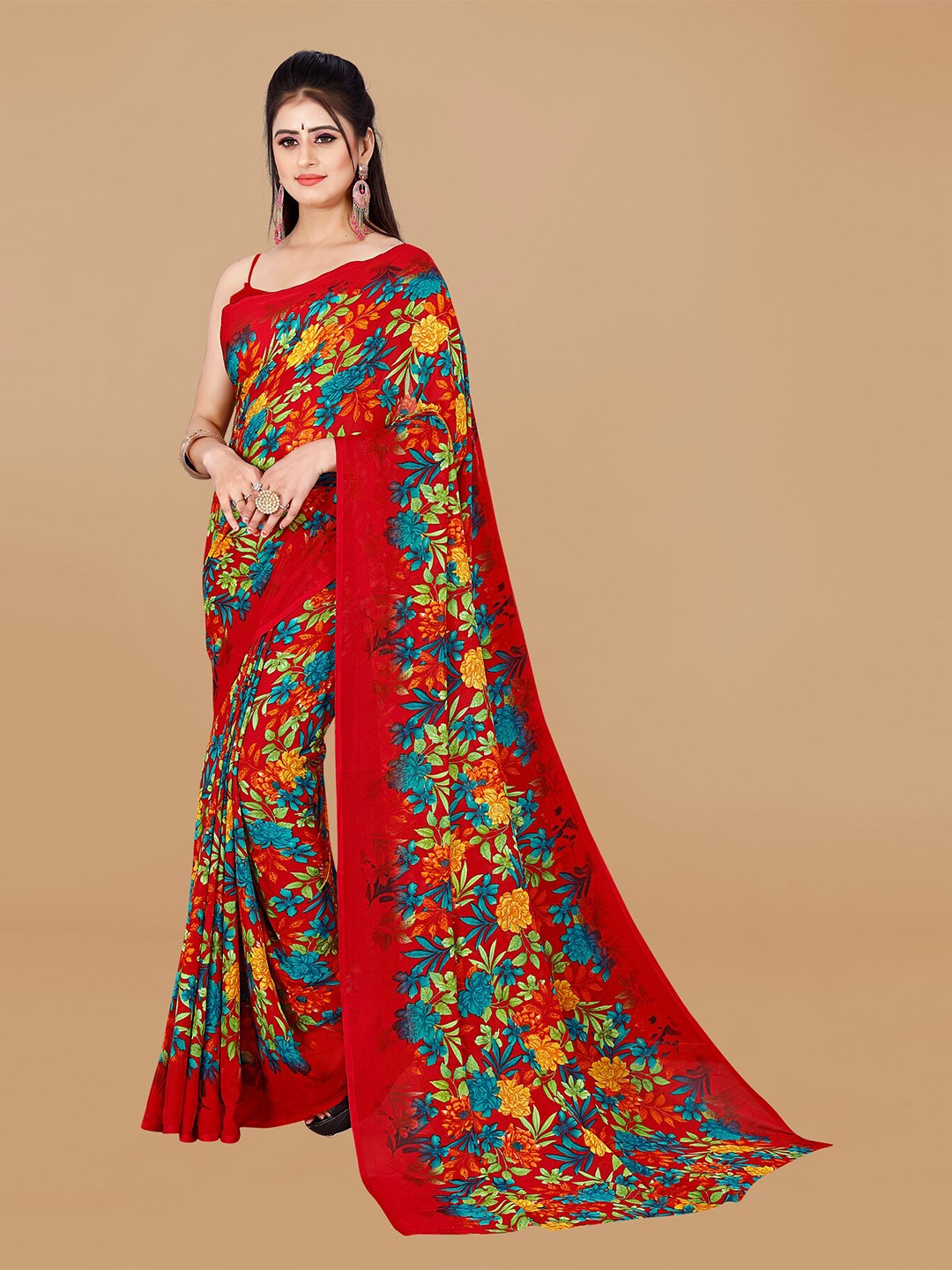

ANAND SAREES Floral Printed Pure Georgette Saree, Red