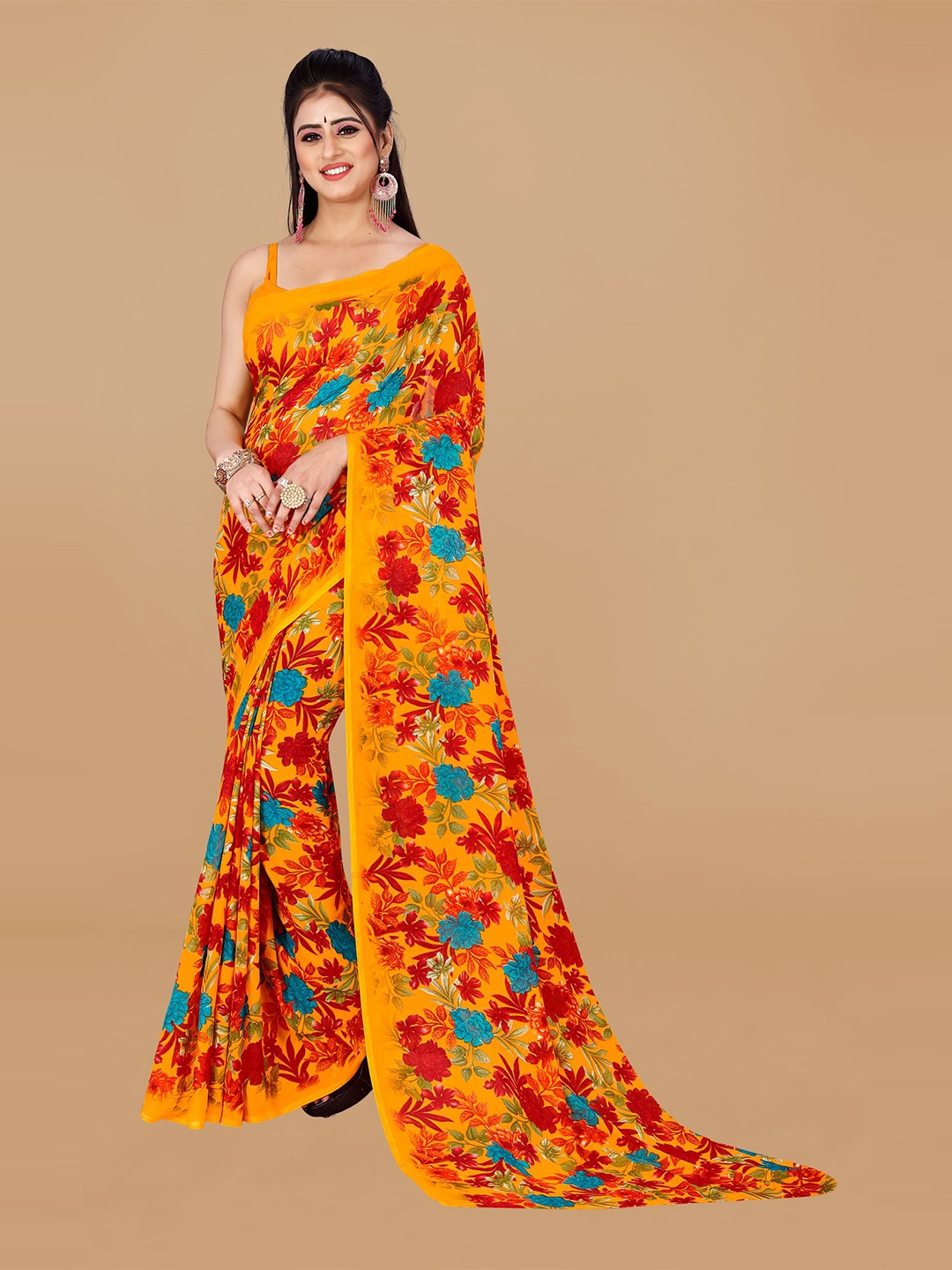 

KALINI Floral Printed Pure Georgette Saree, Orange