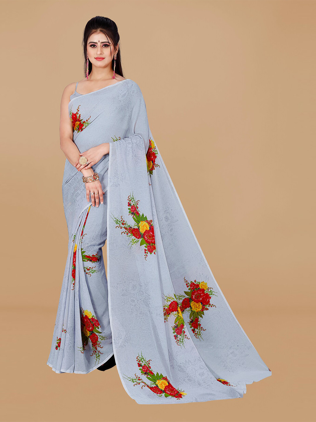 

ANAND SAREES Floral Printed Pure Georgette Saree, Grey