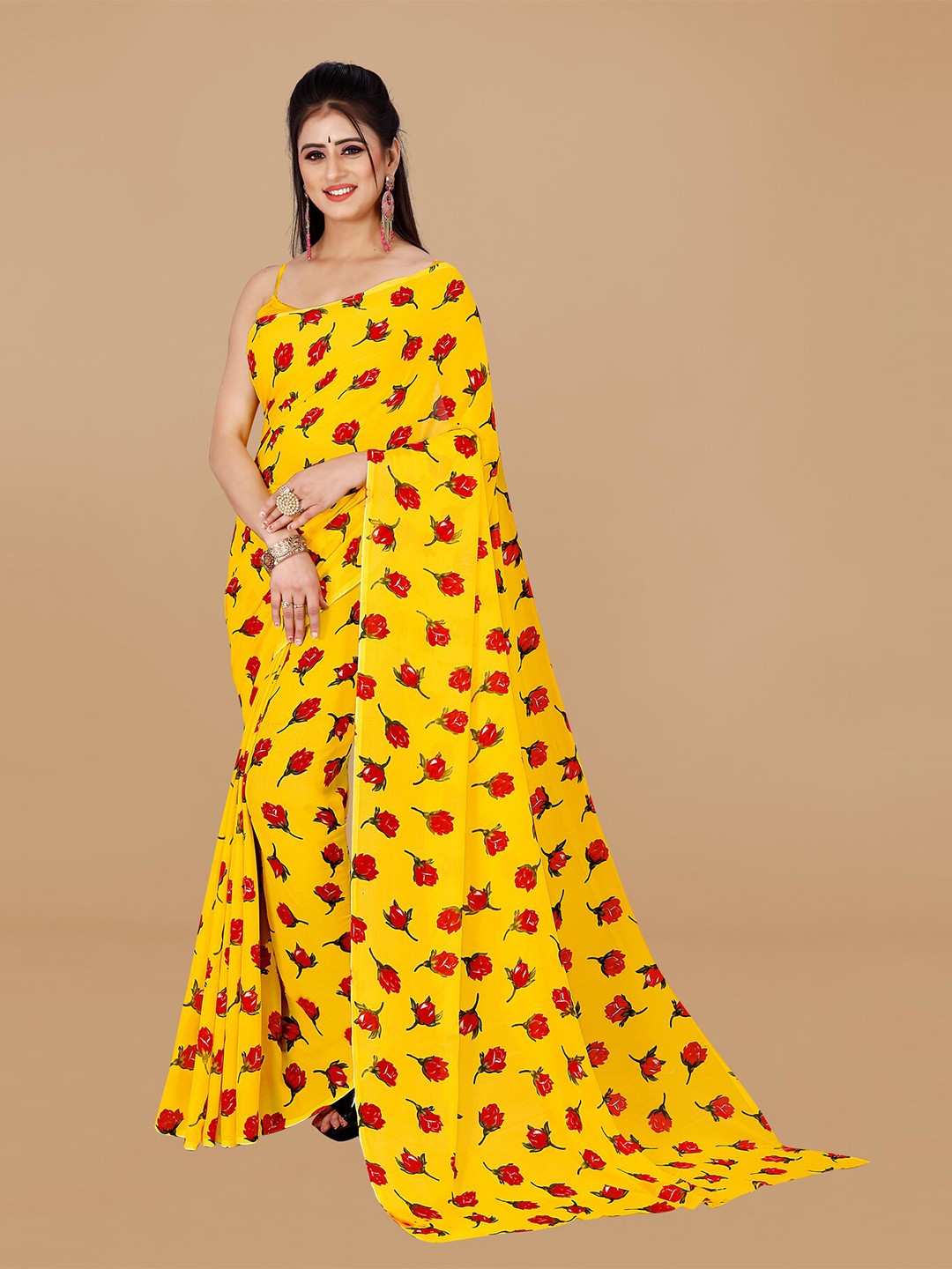 

KALINI Floral Printed Pure Georgette Saree, Yellow