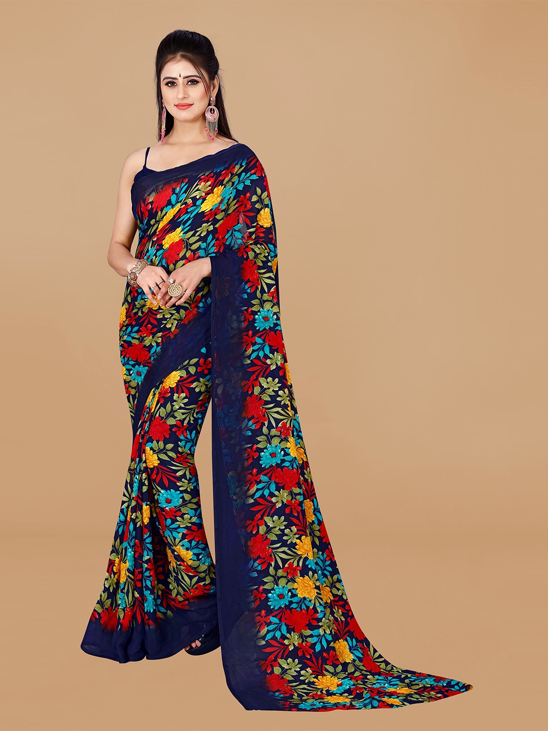 

ANAND SAREES Floral Printed Pure Georgette Saree, Navy blue