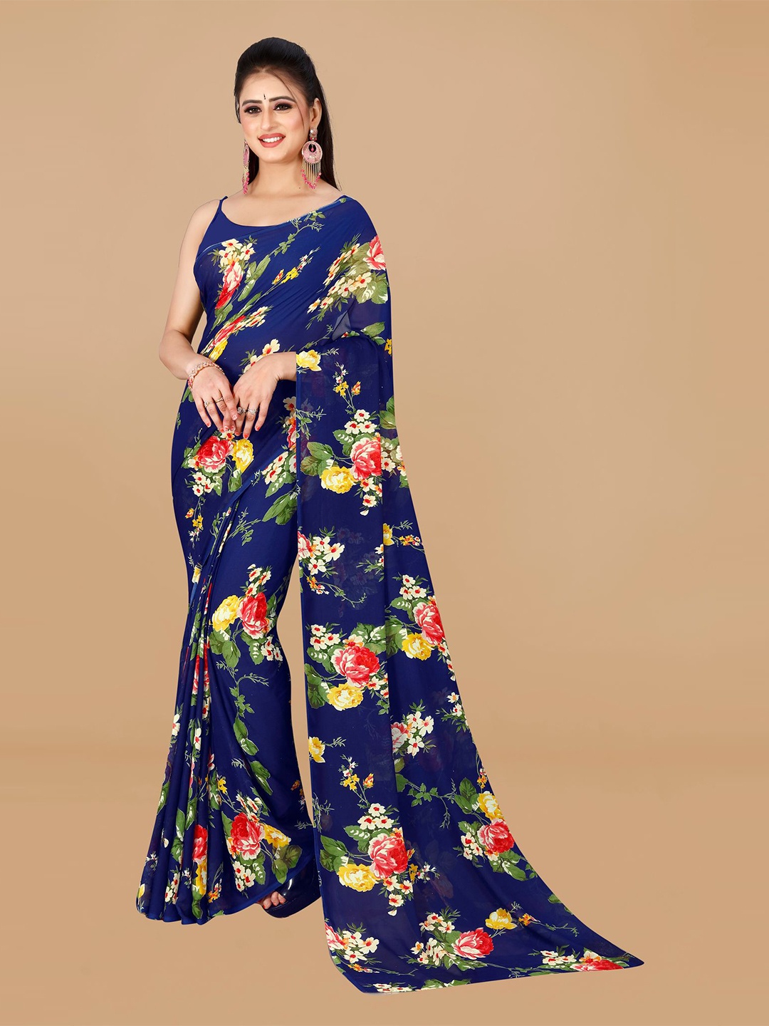 

KALINI Floral Printed Pure Georgette Saree, Navy blue