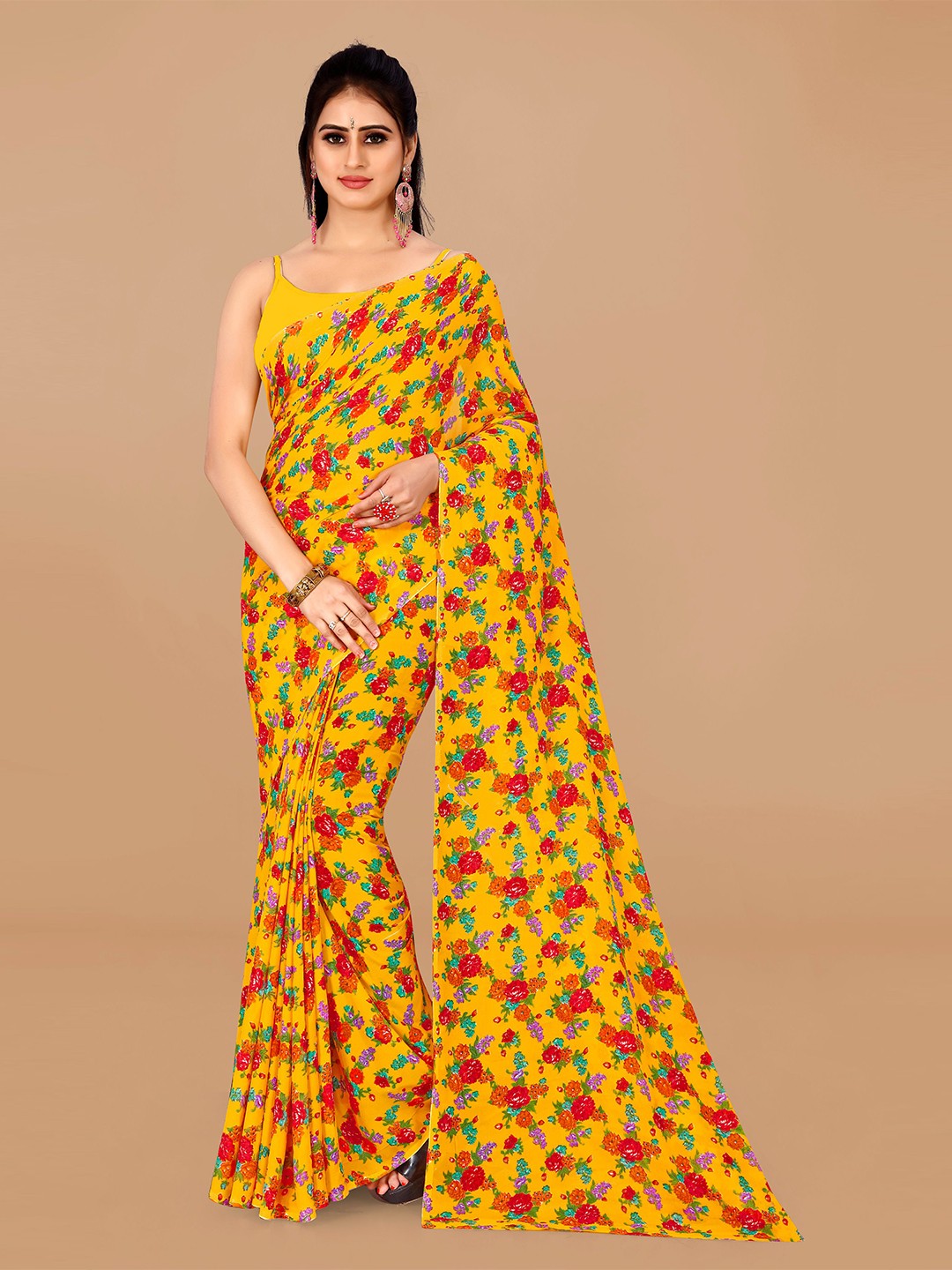 

KALINI Floral Printed Pure Georgette Saree, Yellow