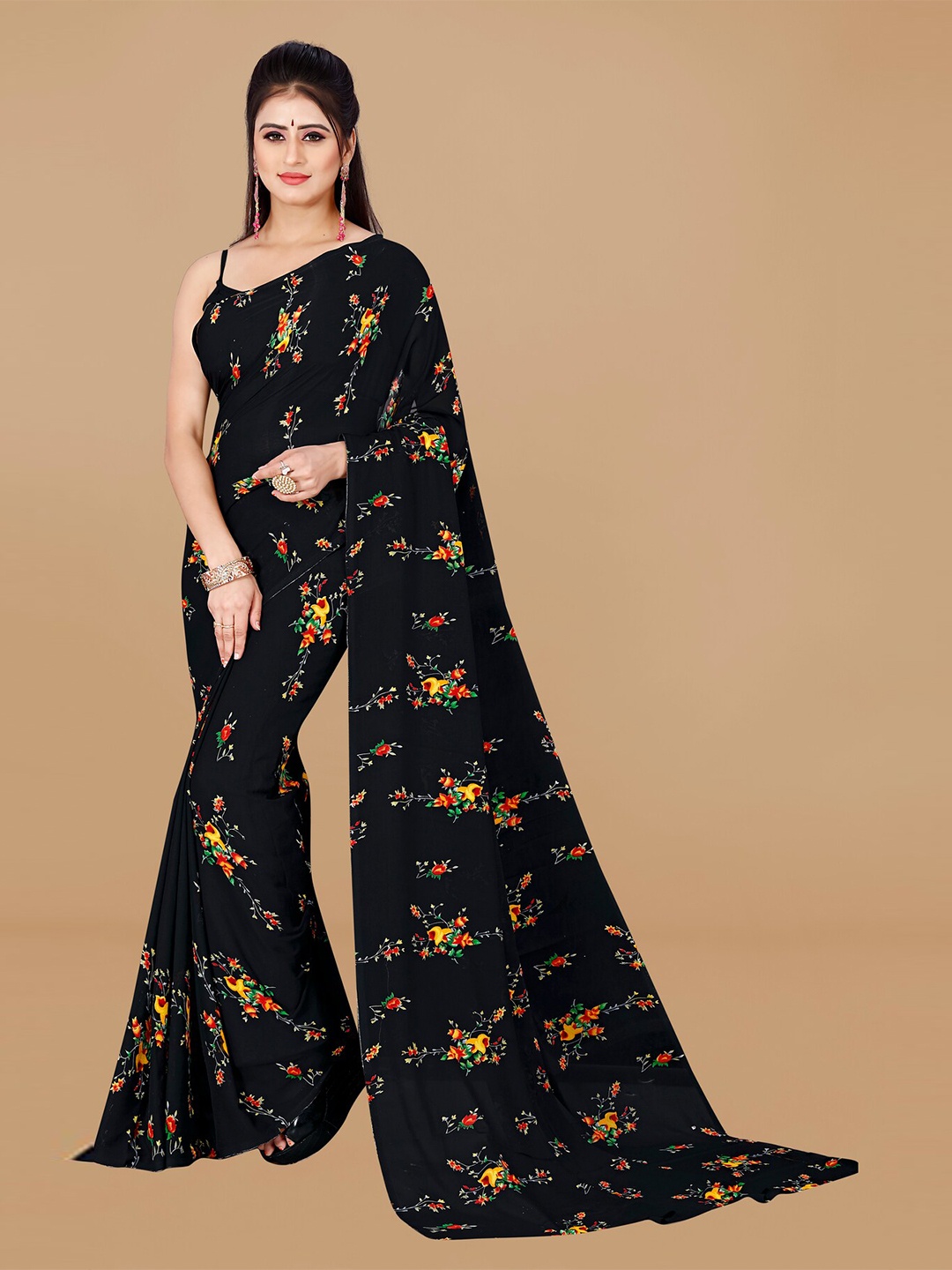 

ANAND SAREES Floral Printed Pure Georgette Saree, Black