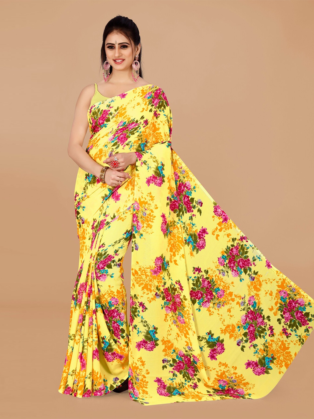 

ANAND SAREES Floral Printed Pure Georgette Saree, Yellow