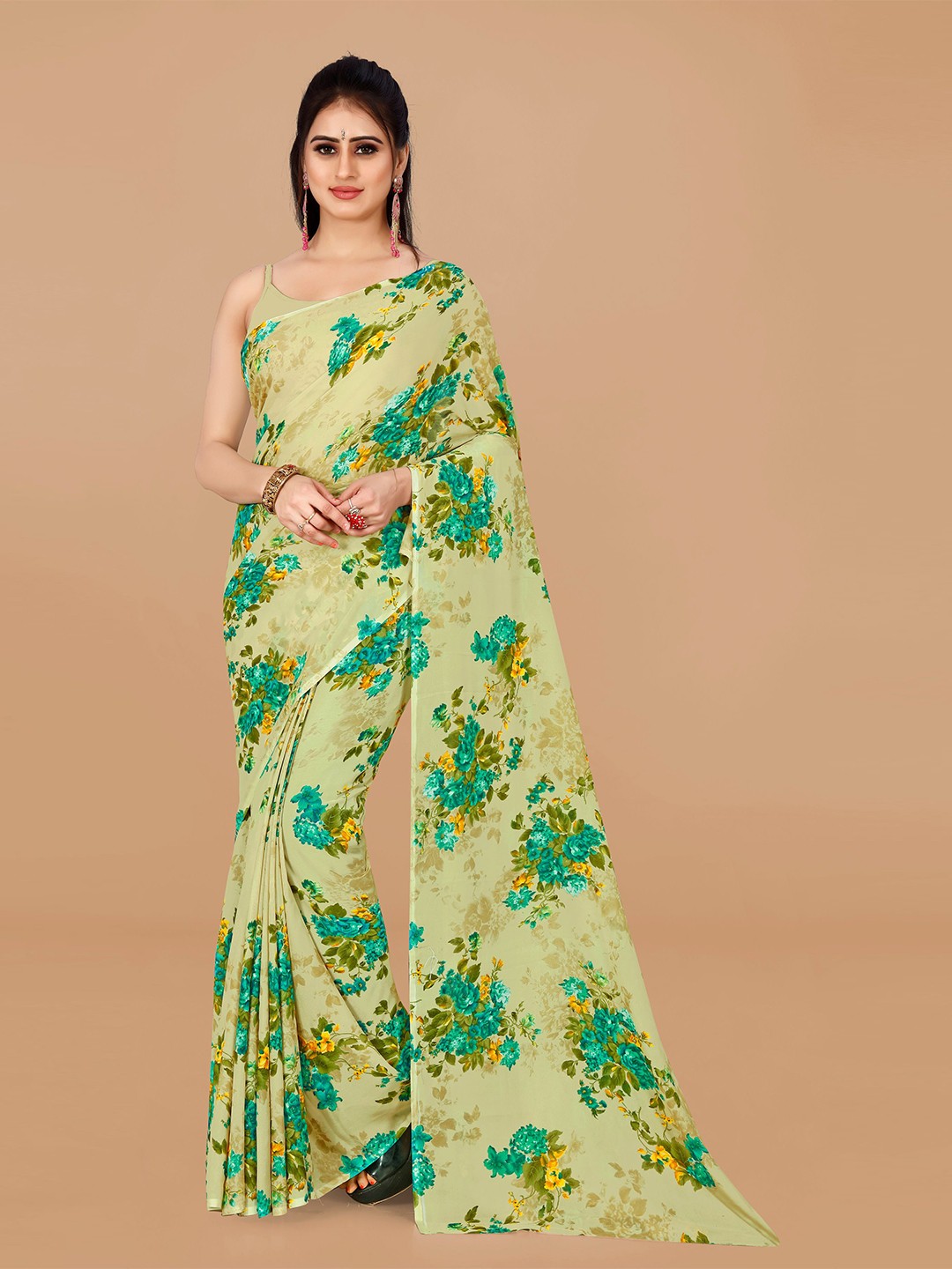 

ANAND SAREES Floral Printed Pure Georgette Saree, Green