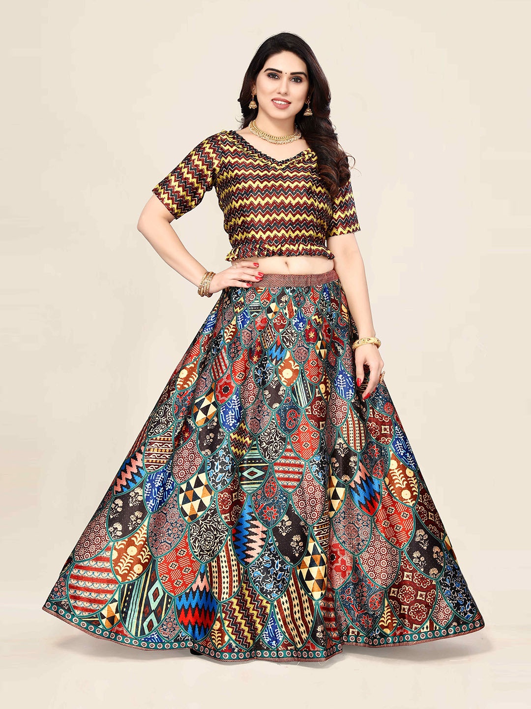 

Kaizen TEXO FAB Brown & Mustard Printed Semi-Stitched Lehenga & Unstitched
