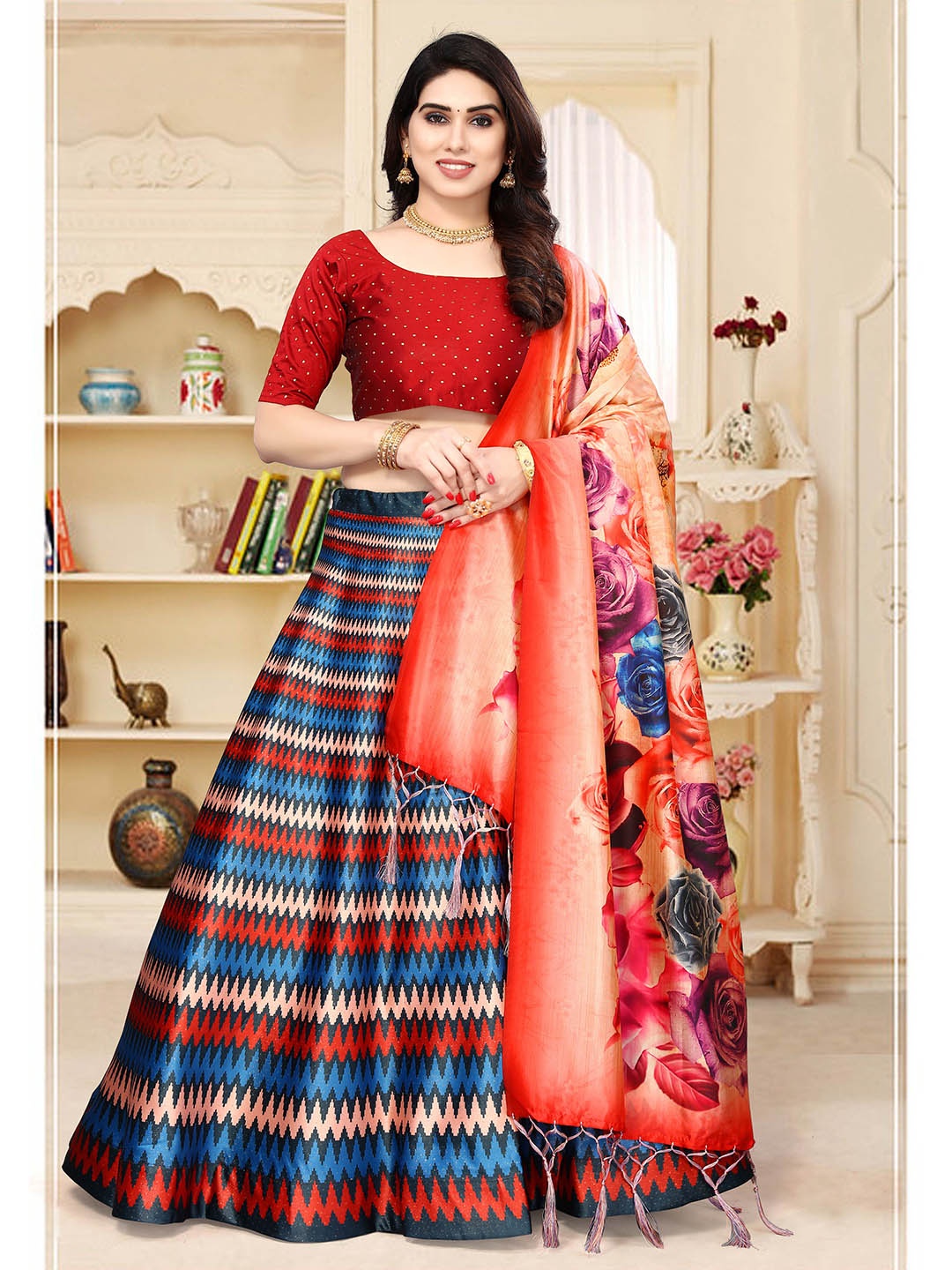 

Kaizen TEXO FAB Red & Blue Printed Semi-Stitched Lehenga & Unstitched Blouse With Dupatta