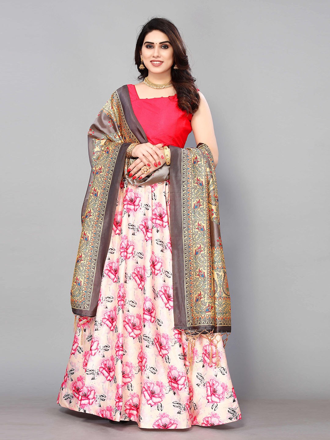 

Kaizen TEXO FAB Pink & Grey Printed Semi-Stitched Lehenga & Unstitched Blouse With Dupatta
