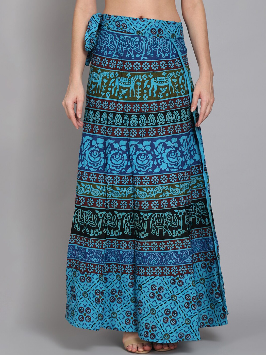 

SOUNDARYA Printed Pure Cotton Wrap Maxi Skirt, Turquoise blue