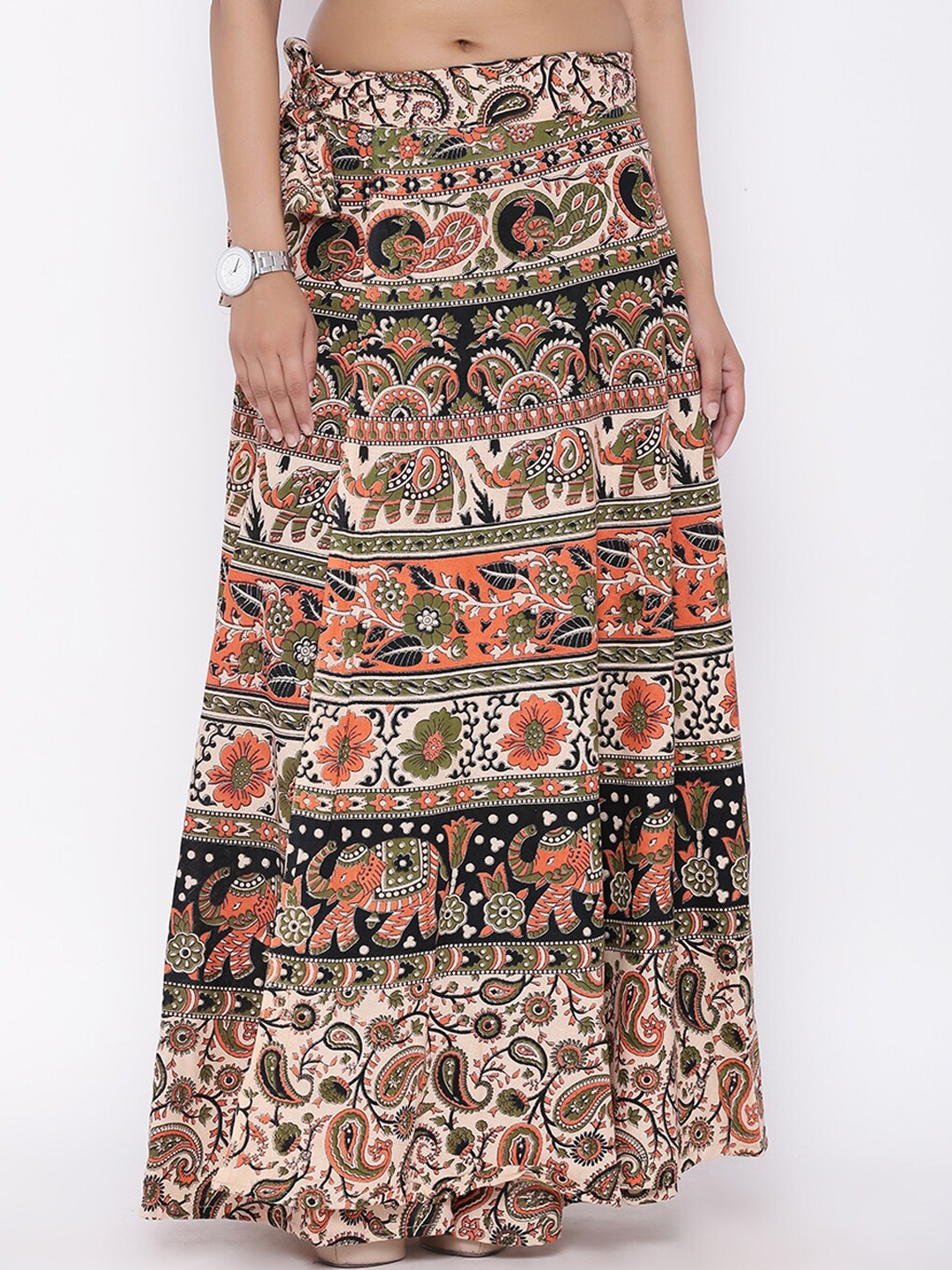 

SOUNDARYA Printed Pure Cotton Wrap Maxi Skirt, Beige