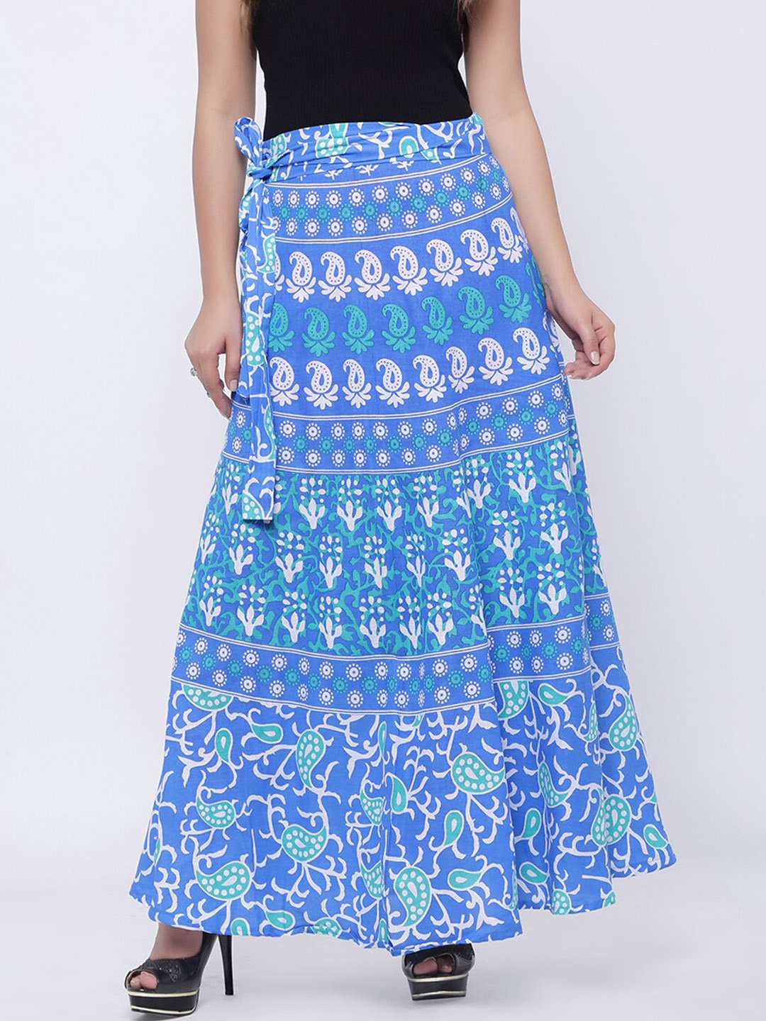 

SOUNDARYA Women Printed Pure Cotton Wrap Around Maxi Skirt, Blue