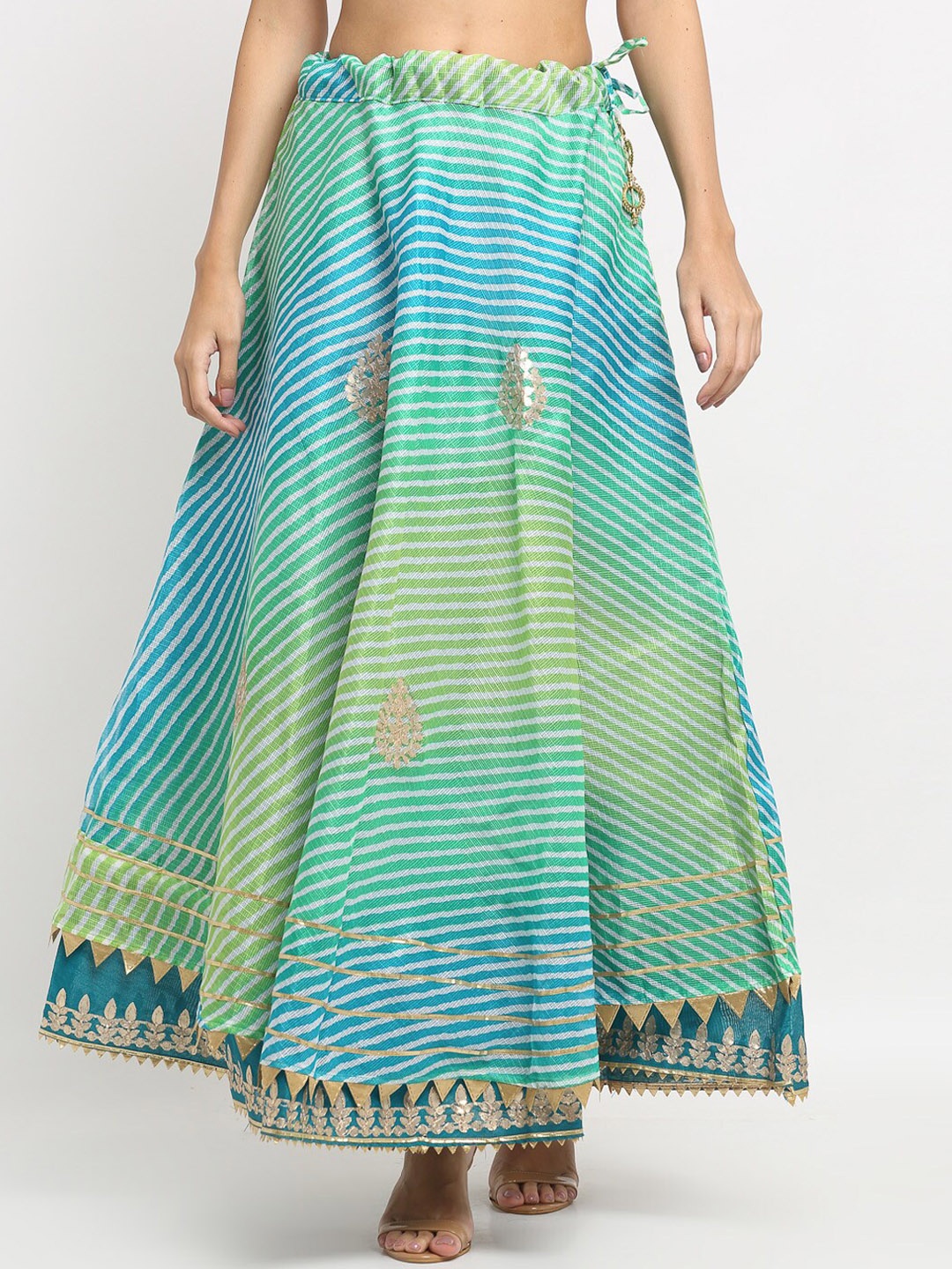 

SOUNDARYA Striped Flared Ethnic Maxi Skirt, Turquoise blue