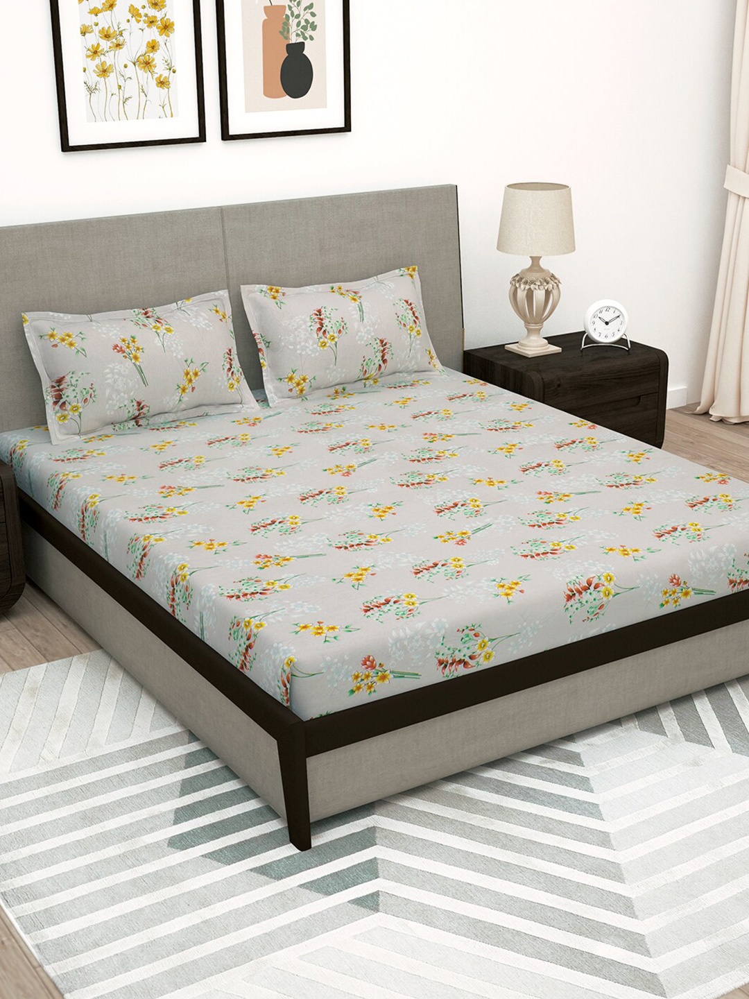 

Story@home Grey & Yellow Floral 180 TC Flat Queen Bedsheet with 2 Pillow Covers