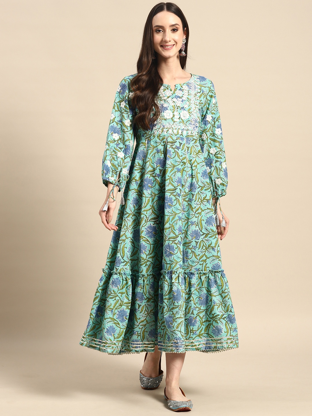 

RANGMAYEE Embroidered Tiered A-Line Ethnic Maxi Dress, Green