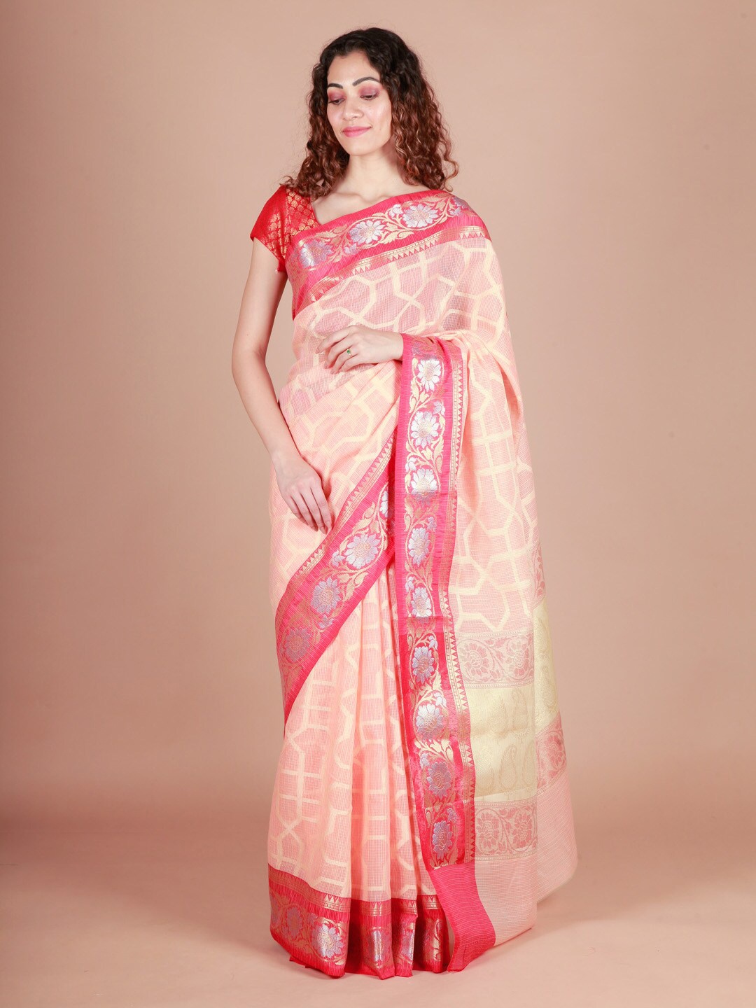 

ReshaWeaves Woven Design Zari Pure Cotton Banarasi Saree, Peach