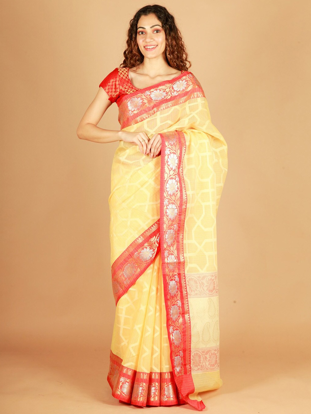 

ReshaWeaves Zari Pure Cotton Banarasi Saree, Yellow
