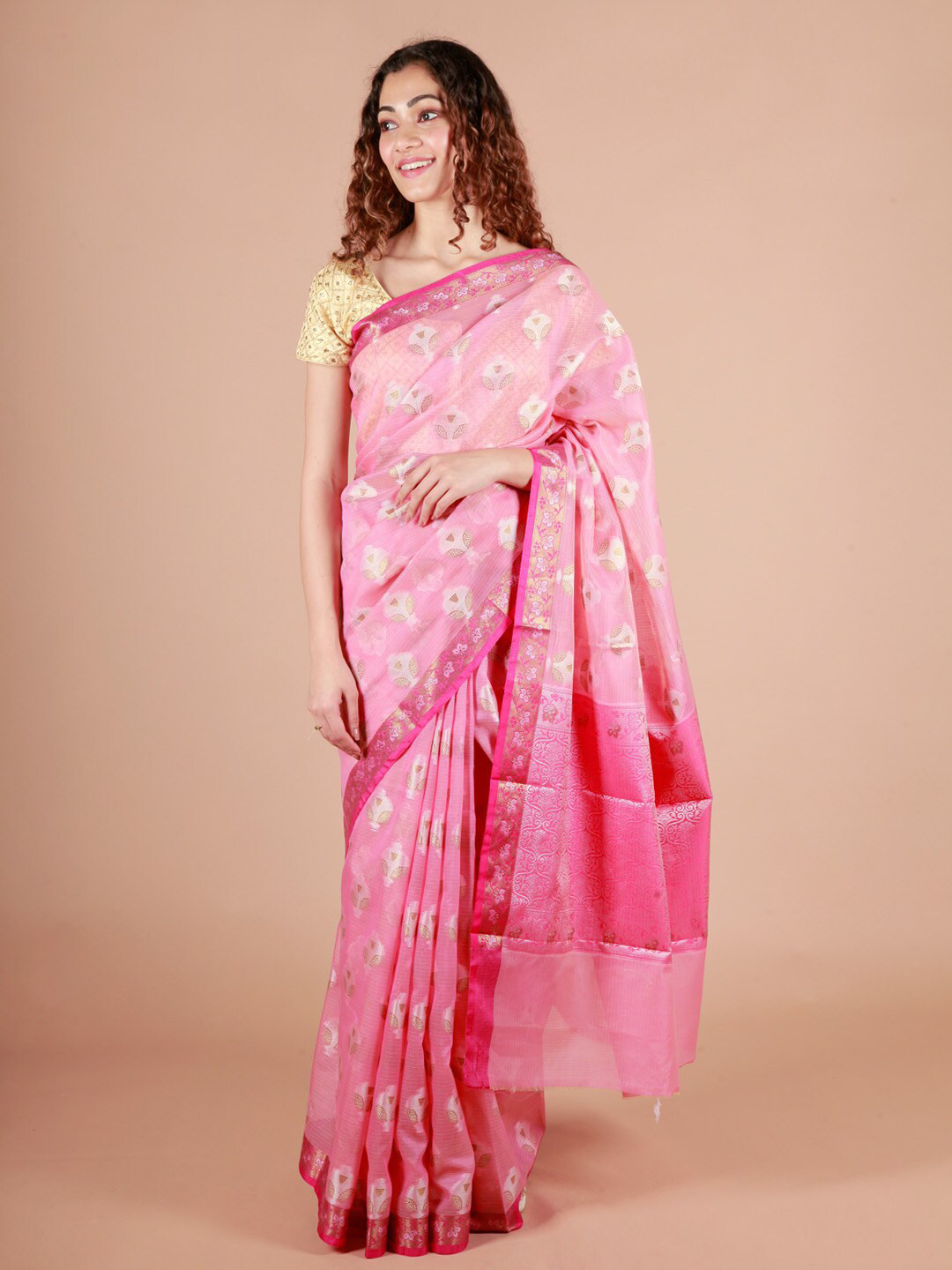 

ReshaWeaves Ethnic Motifs Zari Pure Cotton Banarasi Saree, Pink