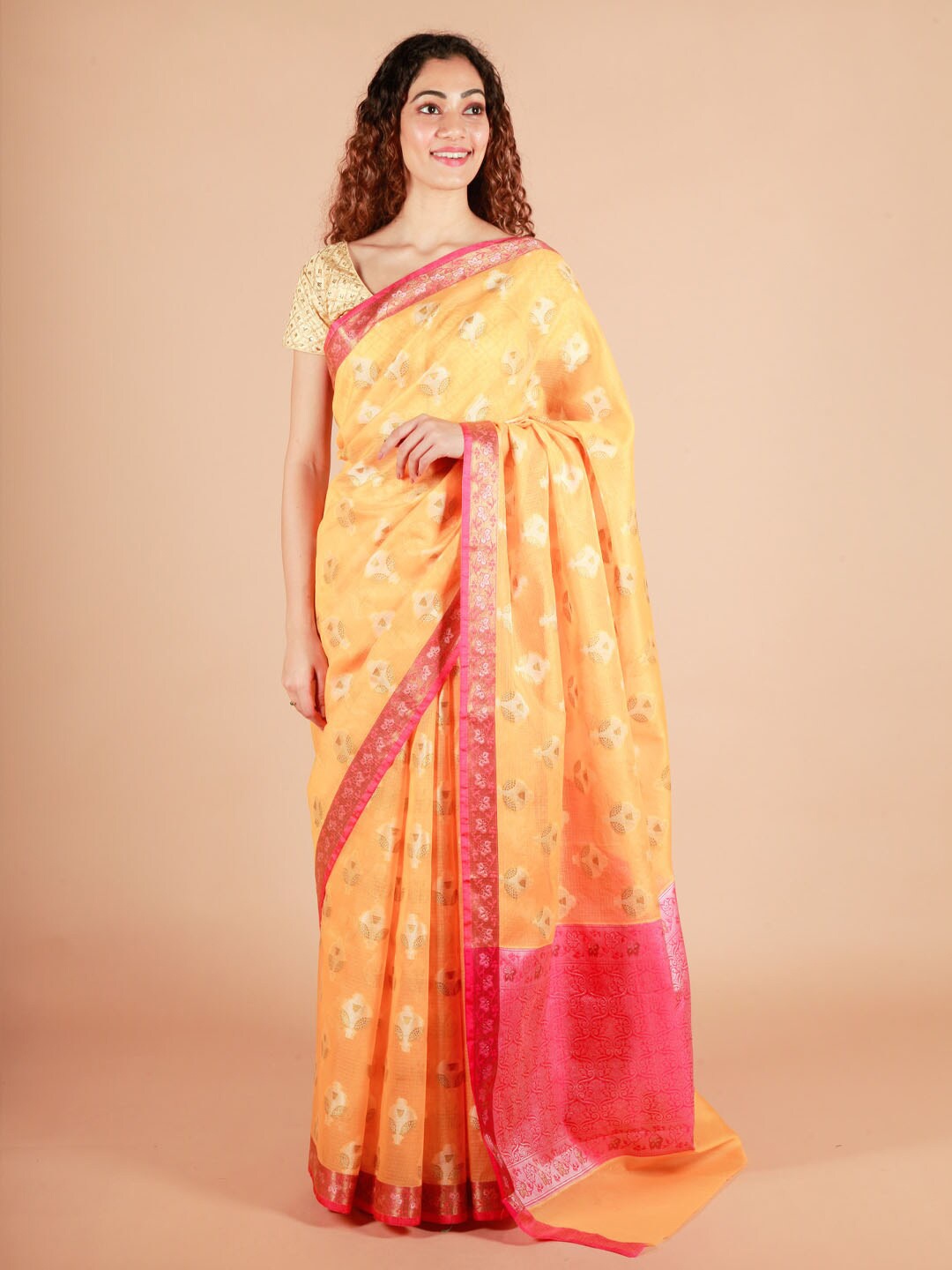 

ReshaWeaves Ethnic Motifs Zari Pure Cotton Banarasi Saree, Yellow